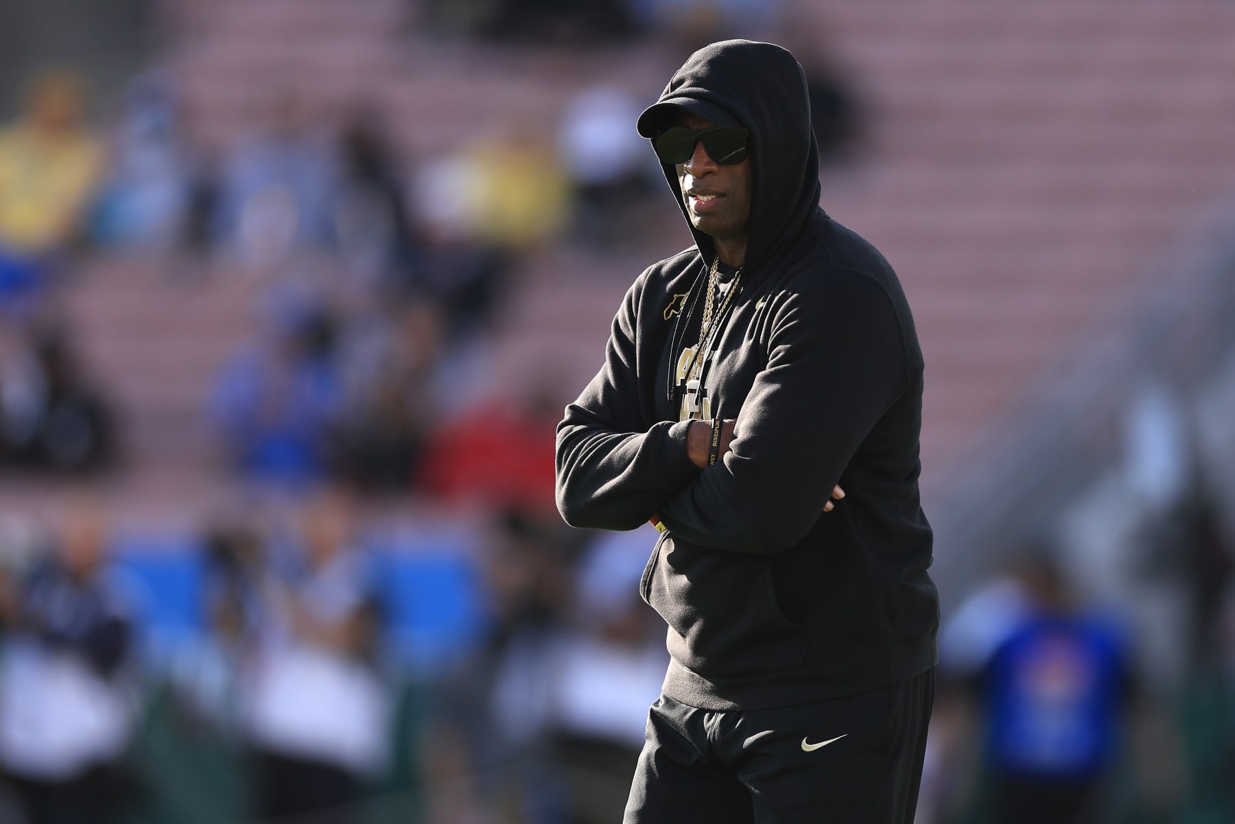 PASADENA, CALIFORNIA - OCTOBER 28: Head coach Deion Sanders of the Colorado Buffaloes looks prior to a game against the UCLA Bruins at Rose Bowl Stadium on October 28, 2023 in Pasadena, California. (Photo by Sean M. Haffey/Getty Images)