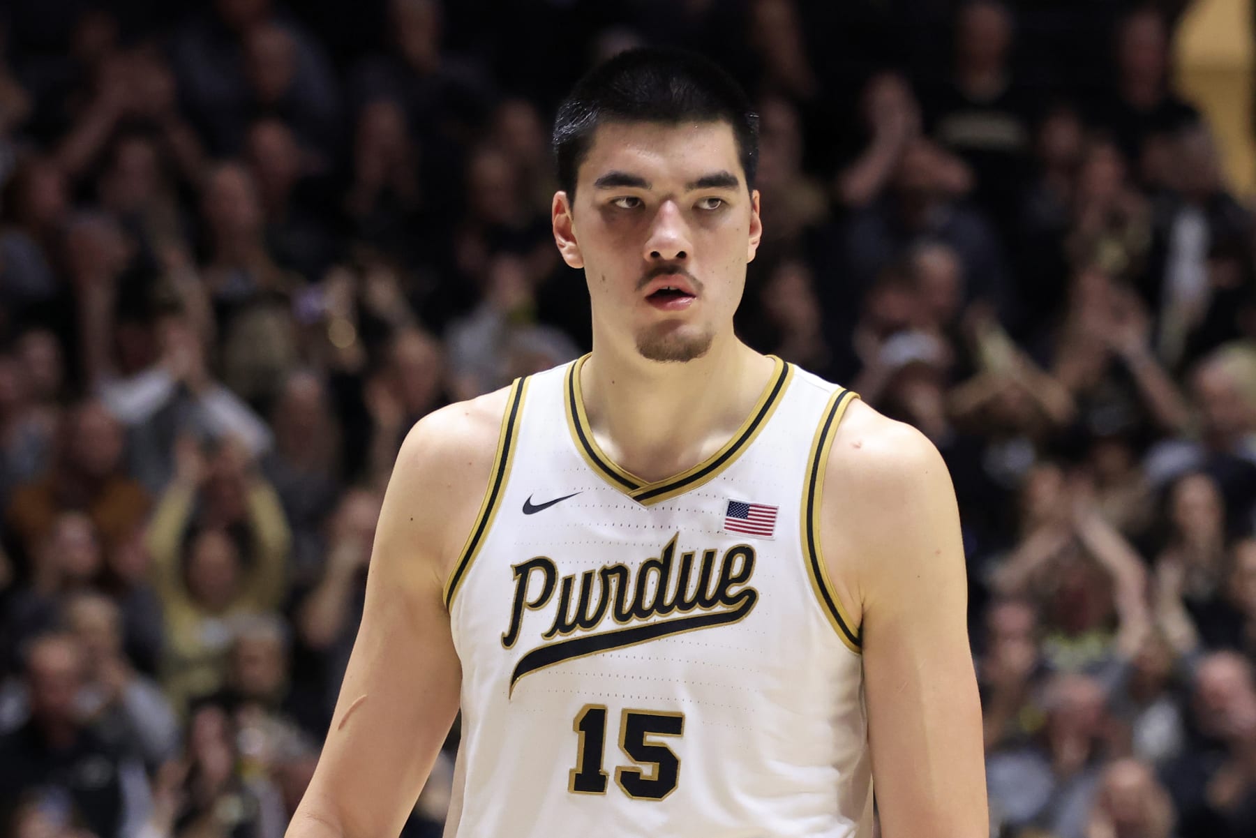 WEST LAFAYETTE, INDIANA - JANUARY 31: Zach Edey #15 of the Purdue Boilermakers looks on in the game against the Northwestern Wildcats at Mackey Arena on January 31, 2024 in West Lafayette, Indiana. (Photo by Justin Casterline/Getty Images)