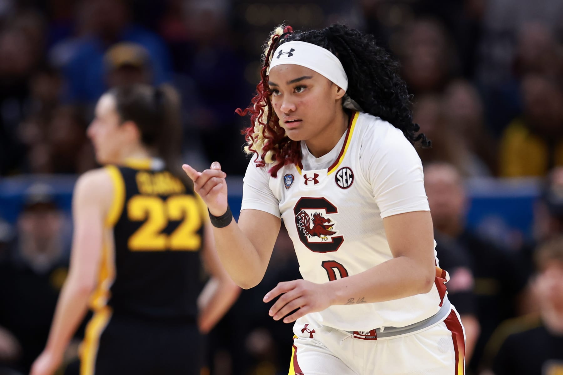 CLEVELAND, OHIO - APRIL 07: Te-Hina Paopao #0 of the South Carolina Gamecocks reacts in the first half during the 2024 NCAA Women's Basketball Tournament National Championship game against the Iowa Hawkeyes at Rocket Mortgage FieldHouse on April 07, 2024 in Cleveland, Ohio. (Photo by Gregory Shamus/Getty Images)