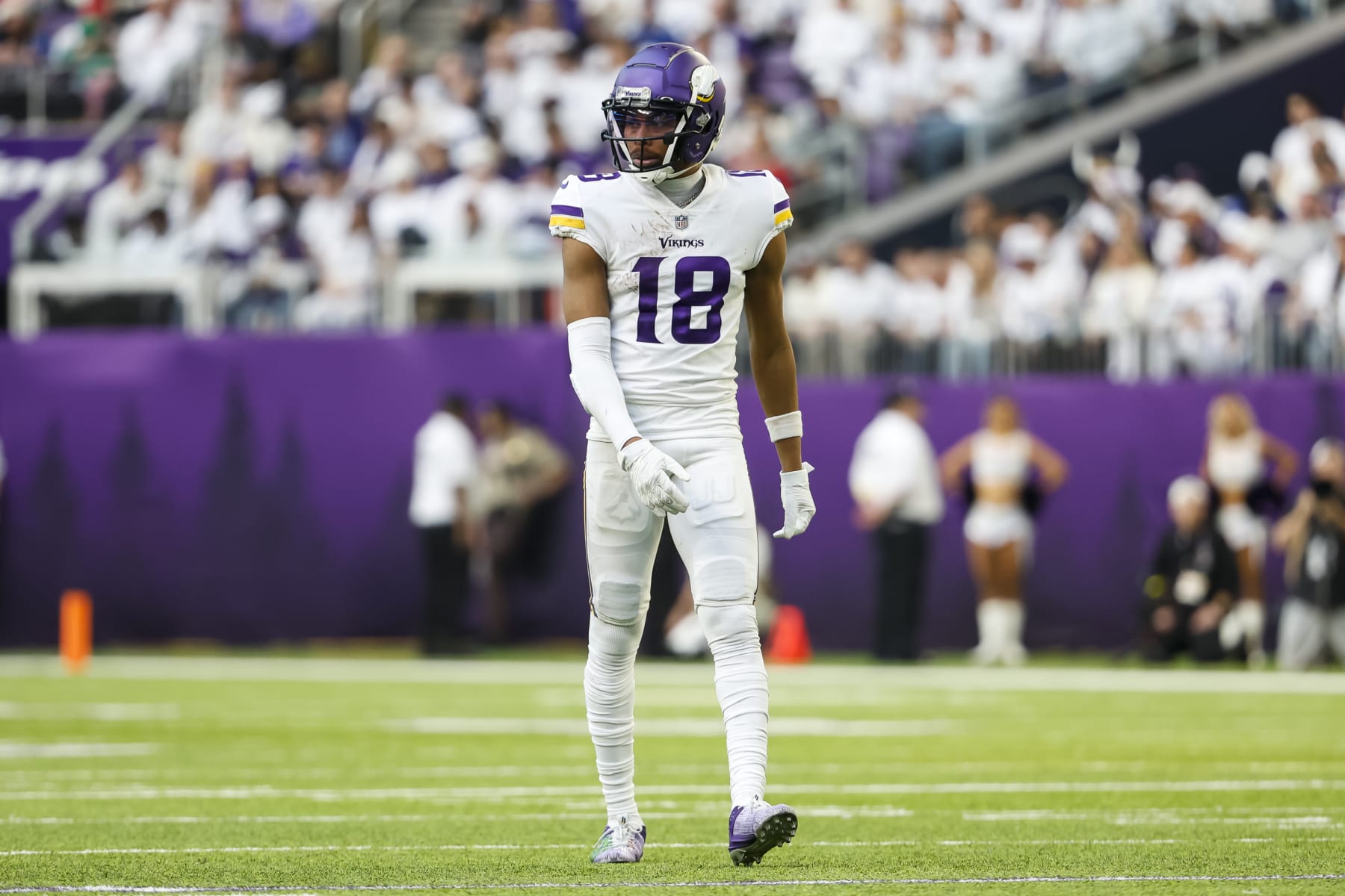 MINNEAPOLIS, MN - DECEMBER 24: Justin Jefferson #18 of the Minnesota Vikings looks on against the New York Giants in the third quarter of the game at U.S. Bank Stadium on December 24, 2022 in Minneapolis, Minnesota. The Vikings defeated the Giants 27-24. (Photo by David Berding/Getty Images)