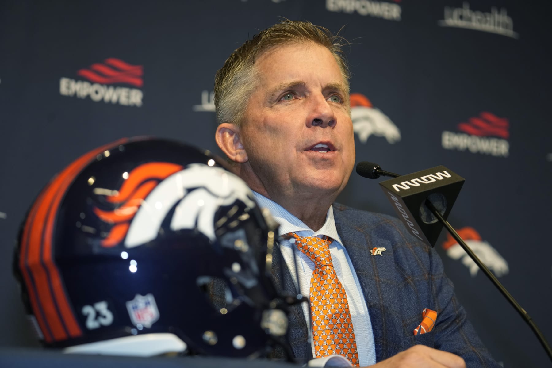 Denver Broncos new head coach Sean Payton is introduced during a news conference at the team's headquarters on Monday, Feb. 6, 2023, in Centennial, Colo. (AP Photo/David Zalubowski)