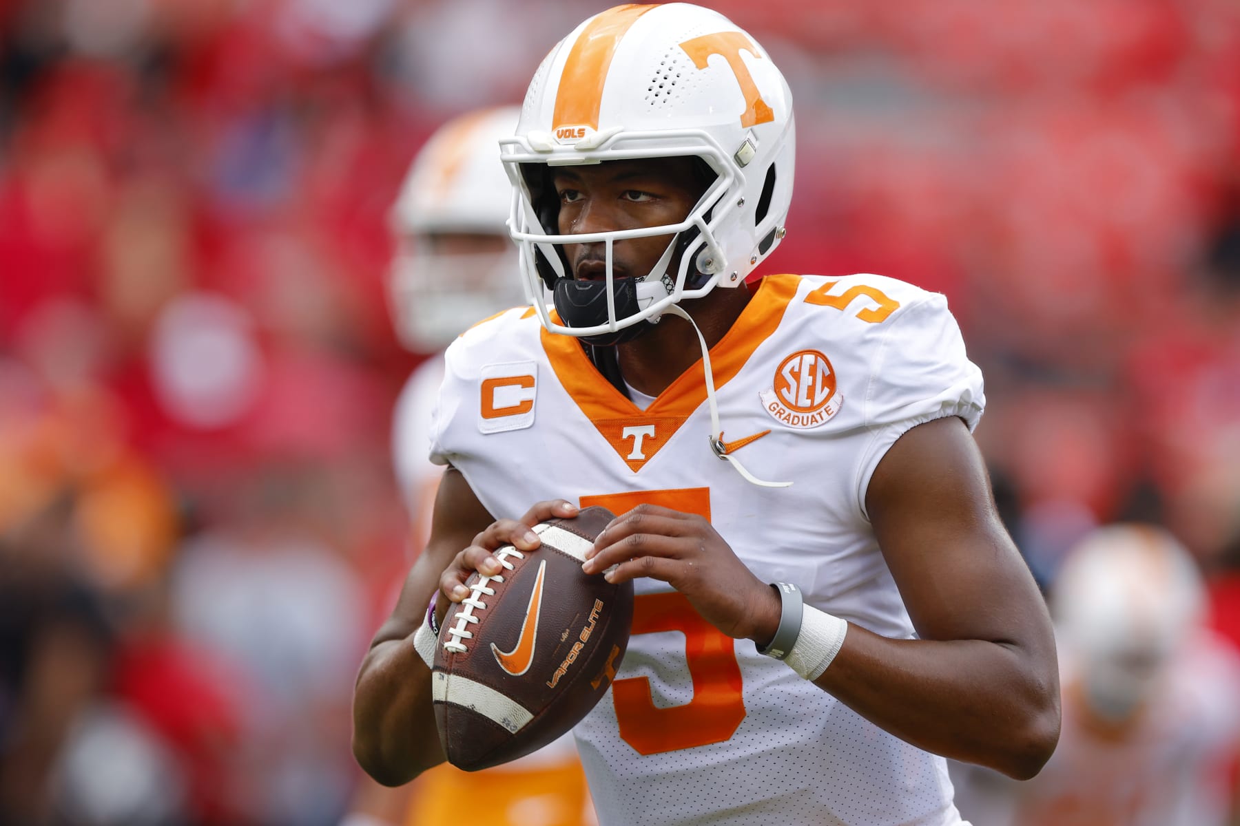 ATHENS, GA - NOVEMBER 05: Hendon Hooker #5 of the Tennessee Volunteers warms up prior to the game against the Georgia Bulldogs at Sanford Stadium on November 5, 2022 in Athens, Georgia. (Photo by Todd Kirkland/Getty Images)