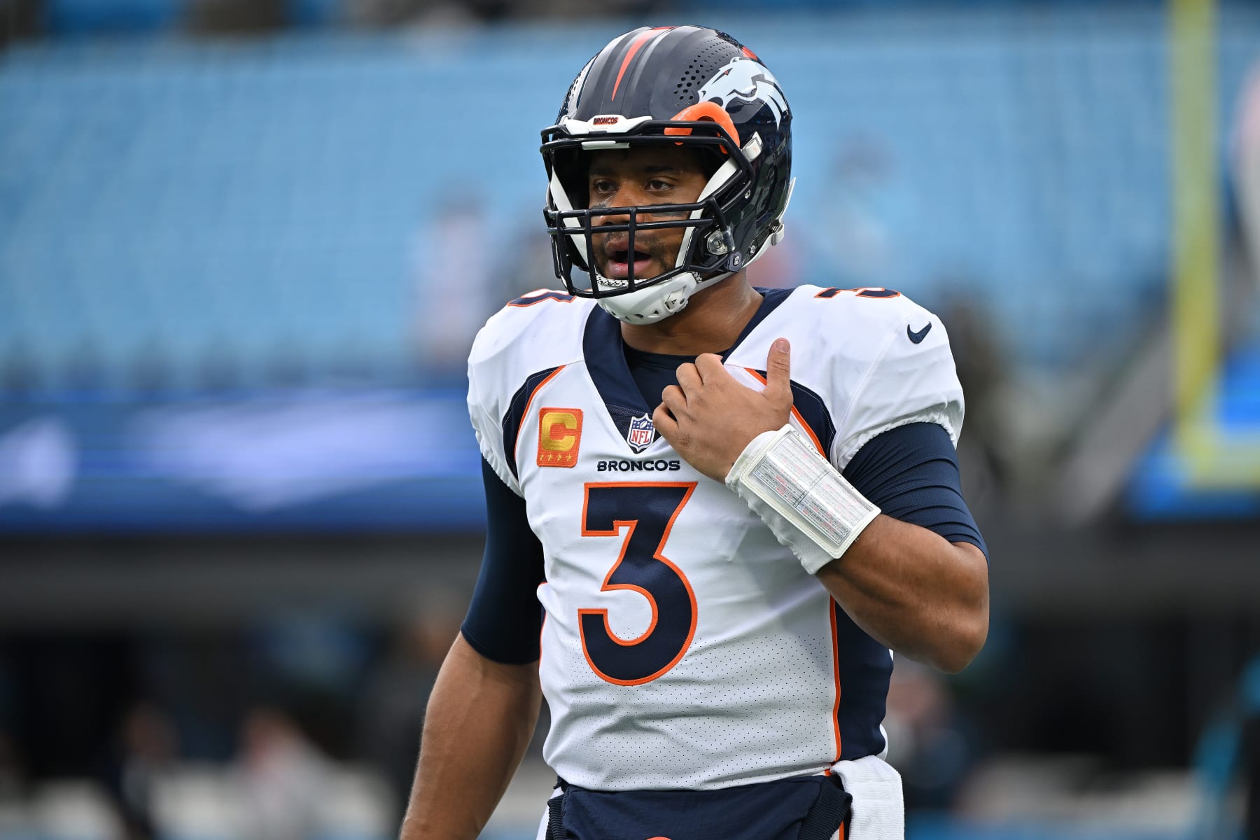 CHARLOTTE, NORTH CAROLINA - NOVEMBER 27: Russell Wilson #3 of the Denver Broncos warms up during their game against the Carolina Panthers at Bank of America Stadium on November 27, 2022 in Charlotte, North Carolina. (Photo by Grant Halverson/Getty Images)