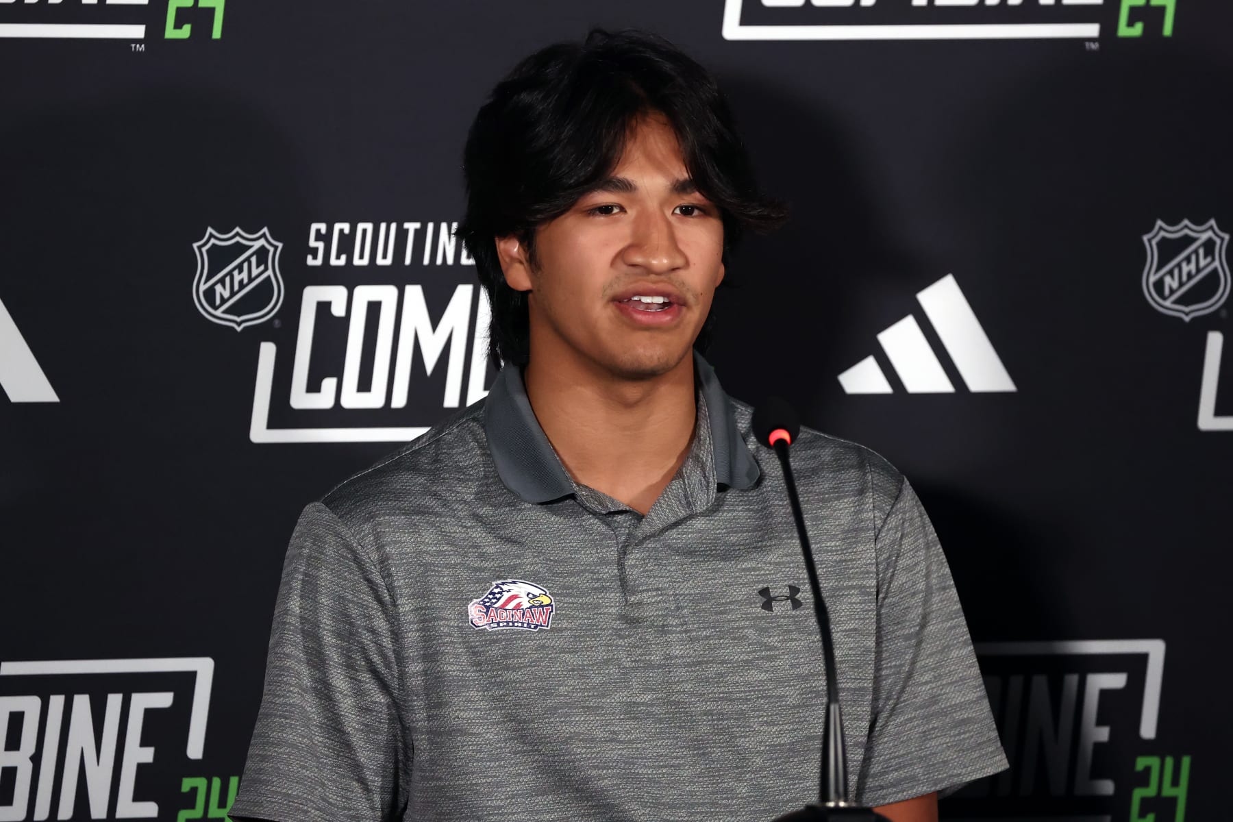 BUFFALO, NEW YORK - JUNE 7: Zayne Parekh speaks at the Top Prospects Media Availability during the NHL Combine at LECOM Harborcenter on June 7, 2024 in Buffalo, New York. (Photo by Jeffrey T. Barnes/NHLI via Getty Images)
