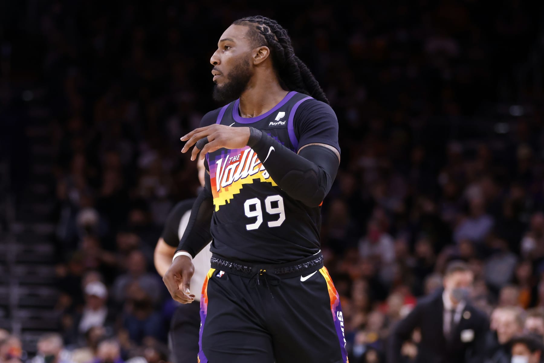 PHOENIX, ARIZONA - FEBRUARY 10: Jae Crowder #99 of the Phoenix Suns walks on the floor during the first half against the Milwaukee Bucks at Footprint Center on February 10, 2022 in Phoenix, Arizona. The Suns beat the Bucks 131-107. NOTE TO USER: User expressly acknowledges and agrees that, by downloading and or using this photograph, User is consenting to the terms and conditions of the Getty Images License Agreement. (Photo by Chris Coduto/Getty Images)