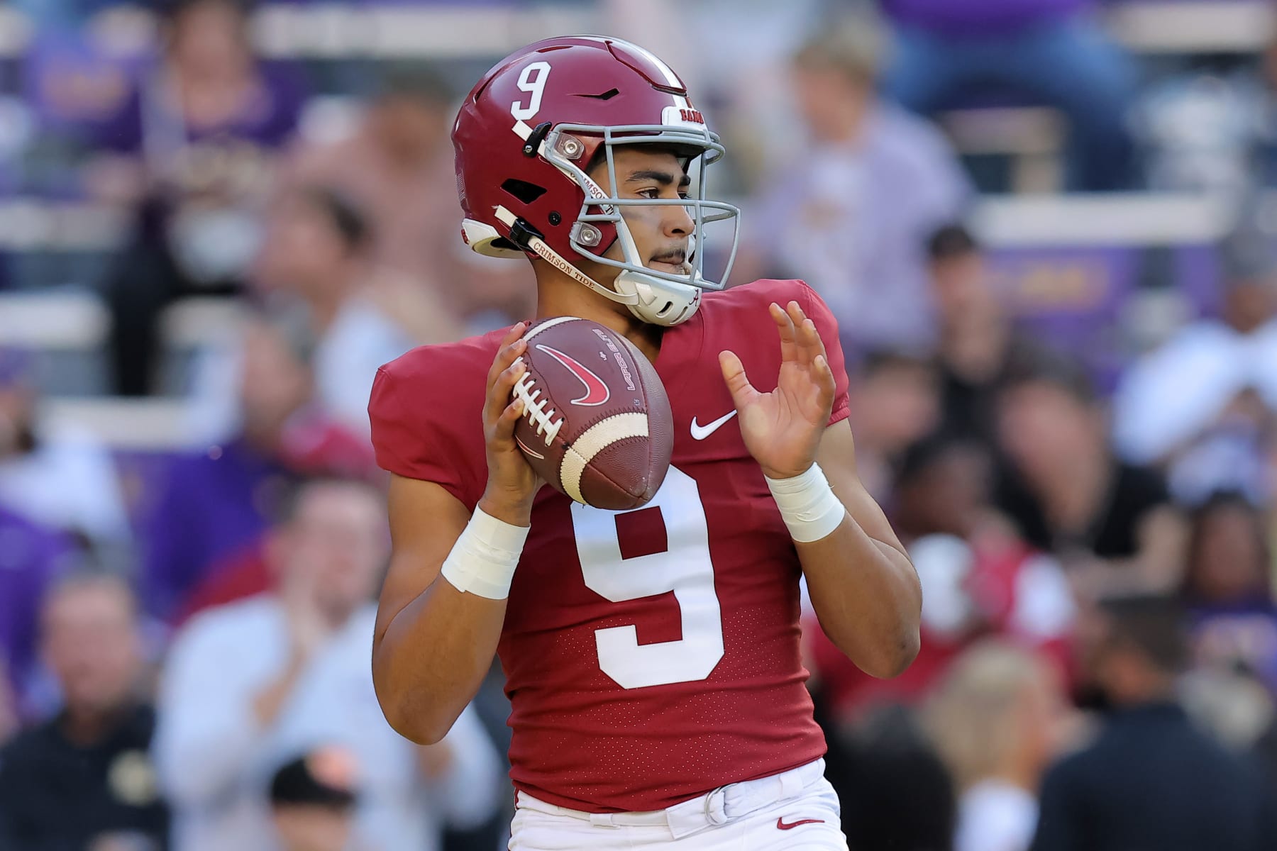 BATON ROUGE, LOUISIANA - NOVEMBER 05: Bryce Young #9 of the Alabama Crimson Tide warms up against the LSU Tigers during a game at Tiger Stadium on November 05, 2022 in Baton Rouge, Louisiana. (Photo by Jonathan Bachman/Getty Images)
