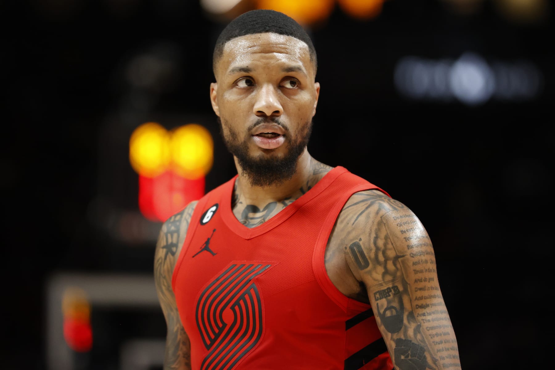 PORTLAND, OREGON - JANUARY 22: Damian Lillard #0 of the Portland Trail Blazers reacts during the first half against the Los Angeles Lakers at Moda Center on January 22, 2023 in Portland, Oregon. NOTE TO USER: User expressly acknowledges and agrees that, by downloading and/or using this photograph, User is consenting to the terms and conditions of the Getty Images License Agreement. (Photo by Steph Chambers/Getty Images)
