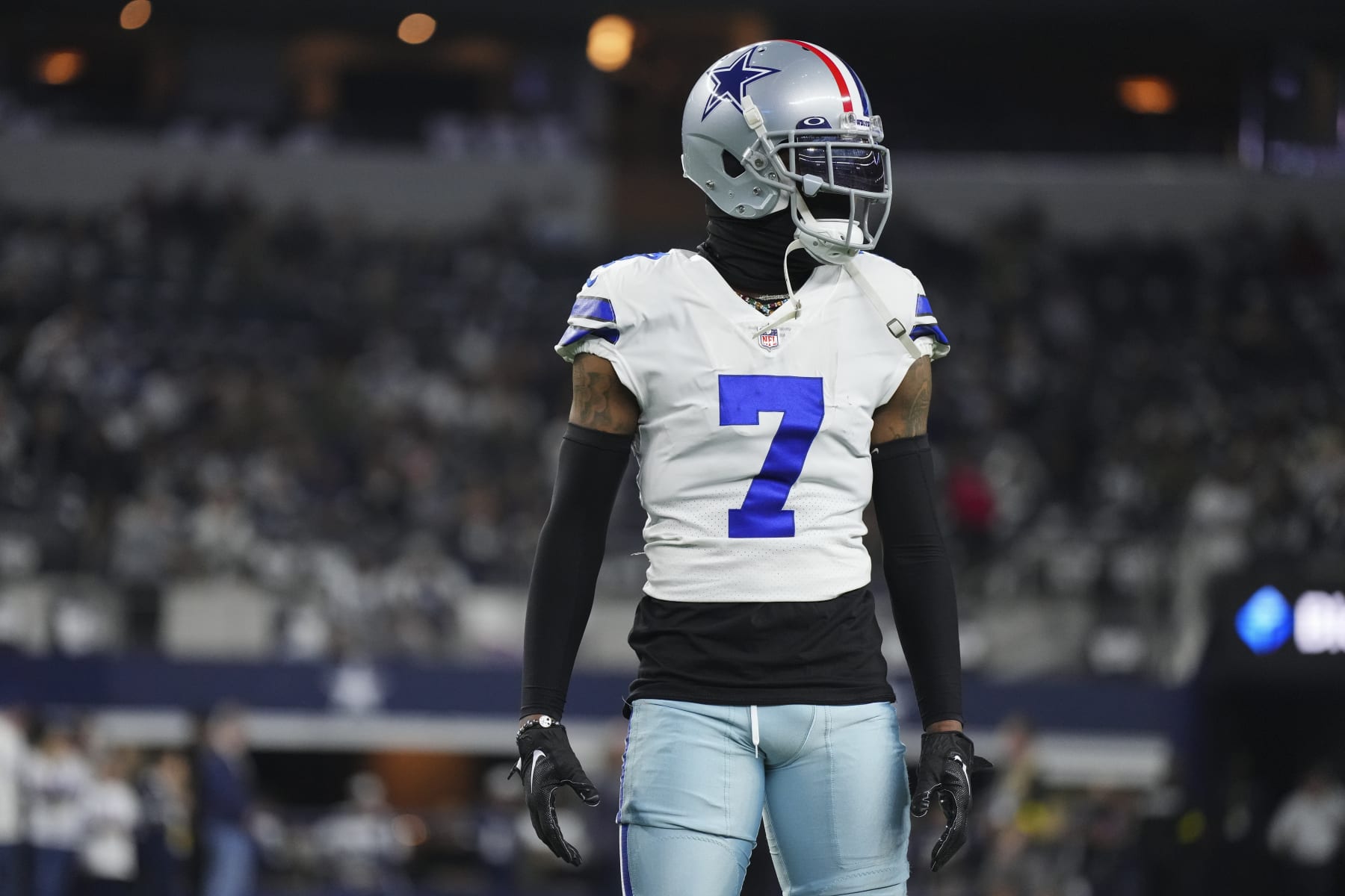 ARLINGTON, TX - DECEMBER 04: Trevon Diggs #7 of the Dallas Cowboys warms up against the Indianapolis Colts at AT&T Stadium on December 4, 2022 in Arlington, Texas. (Photo by Cooper Neill/Getty Images)