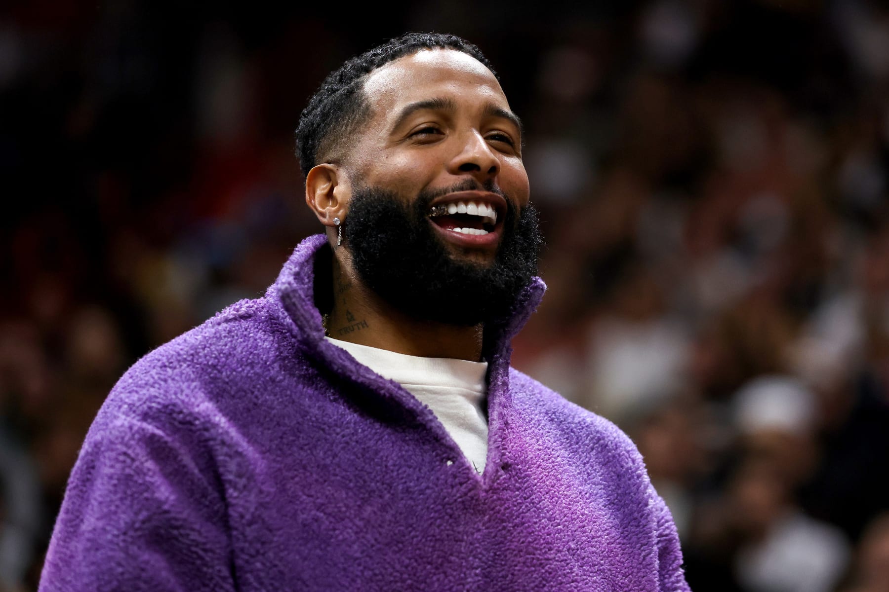 MIAMI, FLORIDA - DECEMBER 28: Odell Beckham Jr. looks on during a game between the Los Angeles Lakers and Miami Heat at FTX Arena on December 28, 2022 in Miami, Florida. NOTE TO USER: User expressly acknowledges and agrees that, by downloading and or using this photograph, User is consenting to the terms and conditions of the Getty Images License Agreement. (Photo by Megan Briggs/Getty Images)