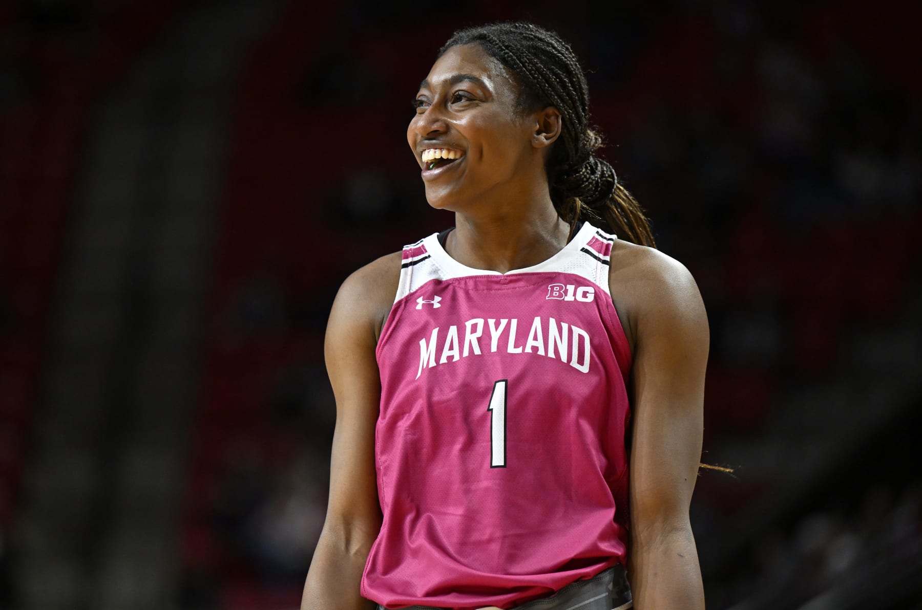 COLLEGE PARK, MARYLAND - FEBRUARY 05: Diamond Miller #1 of the Maryland Terrapins celebrates at the end of the first half against the Ohio State Buckeyes at Xfinity Center on February 05, 2023 in College Park, Maryland. (Photo by G Fiume/Getty Images)