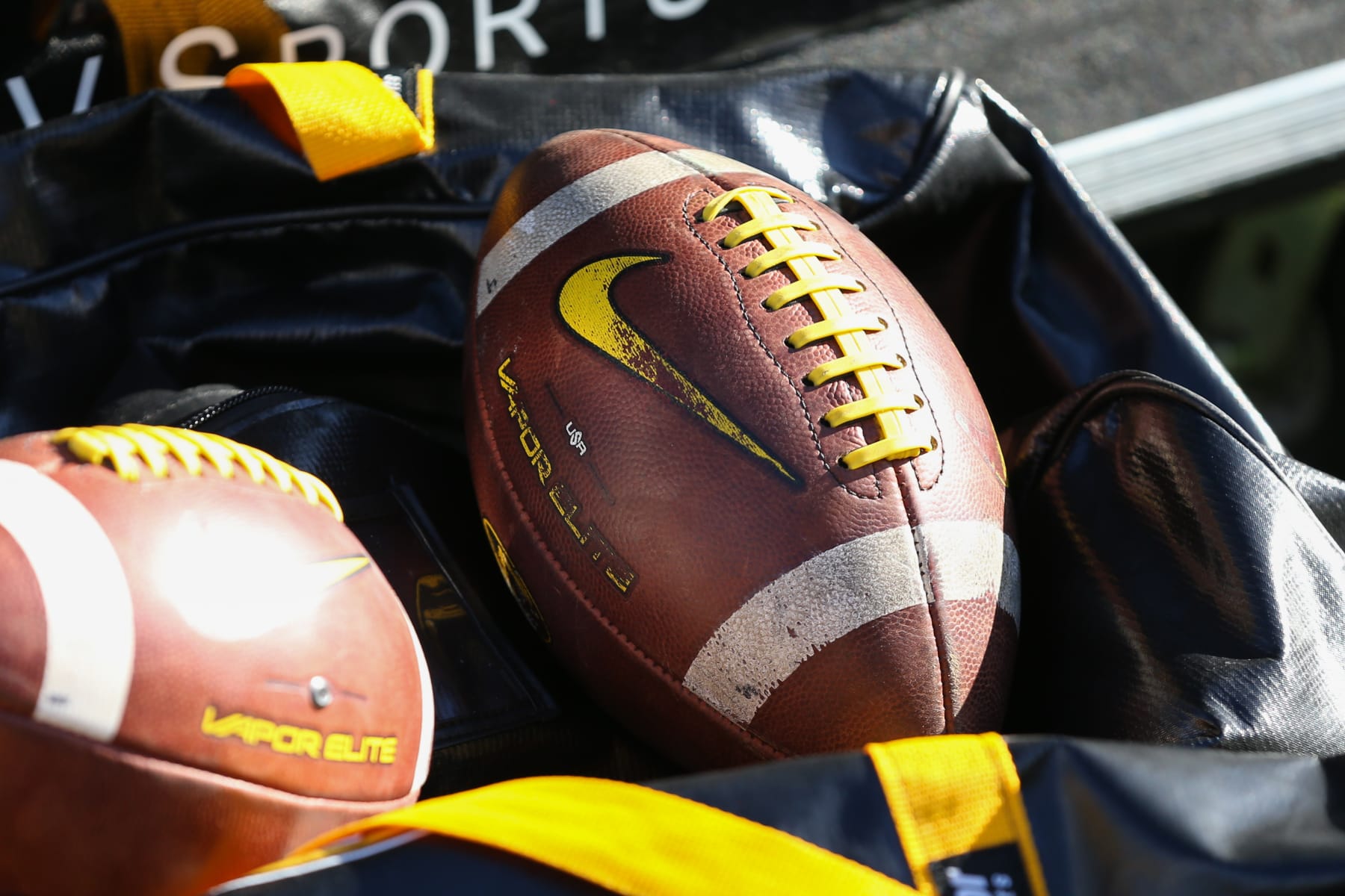 COLUMBIA, MO - NOVEMBER 13: A view of a bag of footballs before an SEC football game between the South Carolina Gamecocks and Missouri Tigers on Nov 13, 2021 at Memorial Stadium in Columbia, MO.  (Photo by Scott Winters/Icon Sportswire via Getty Images)