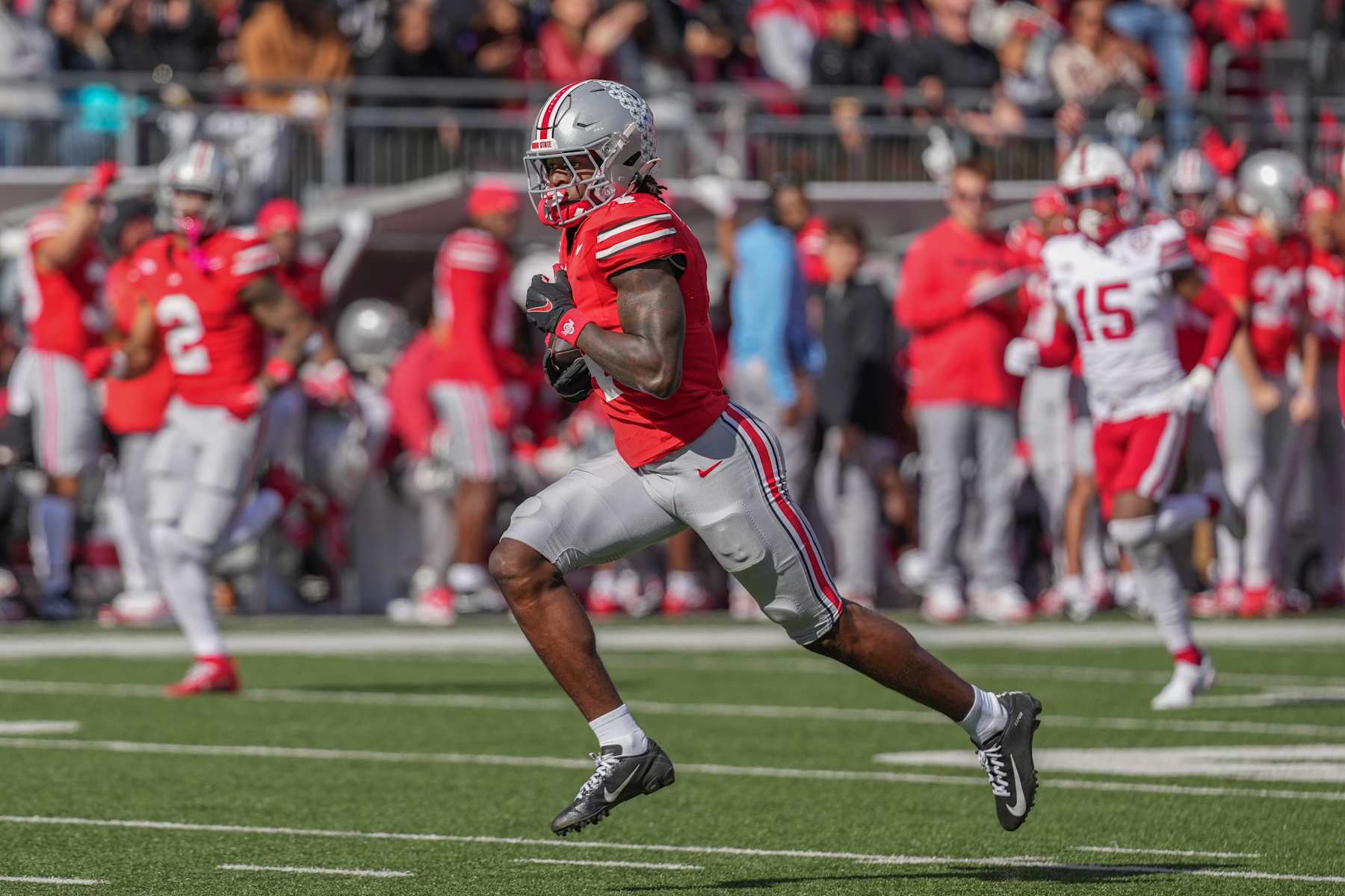 COLUMBUS, OHIO - OCTOBER 26: Wide receiver Jeremiah Smith #4 of the Ohio State Buckeyes seen in action during the game against the Nebraska Cornhuskers at Ohio Stadium on October 26, 2024 in Columbus, Ohio. (Photo by Jason Mowry/Getty Images)