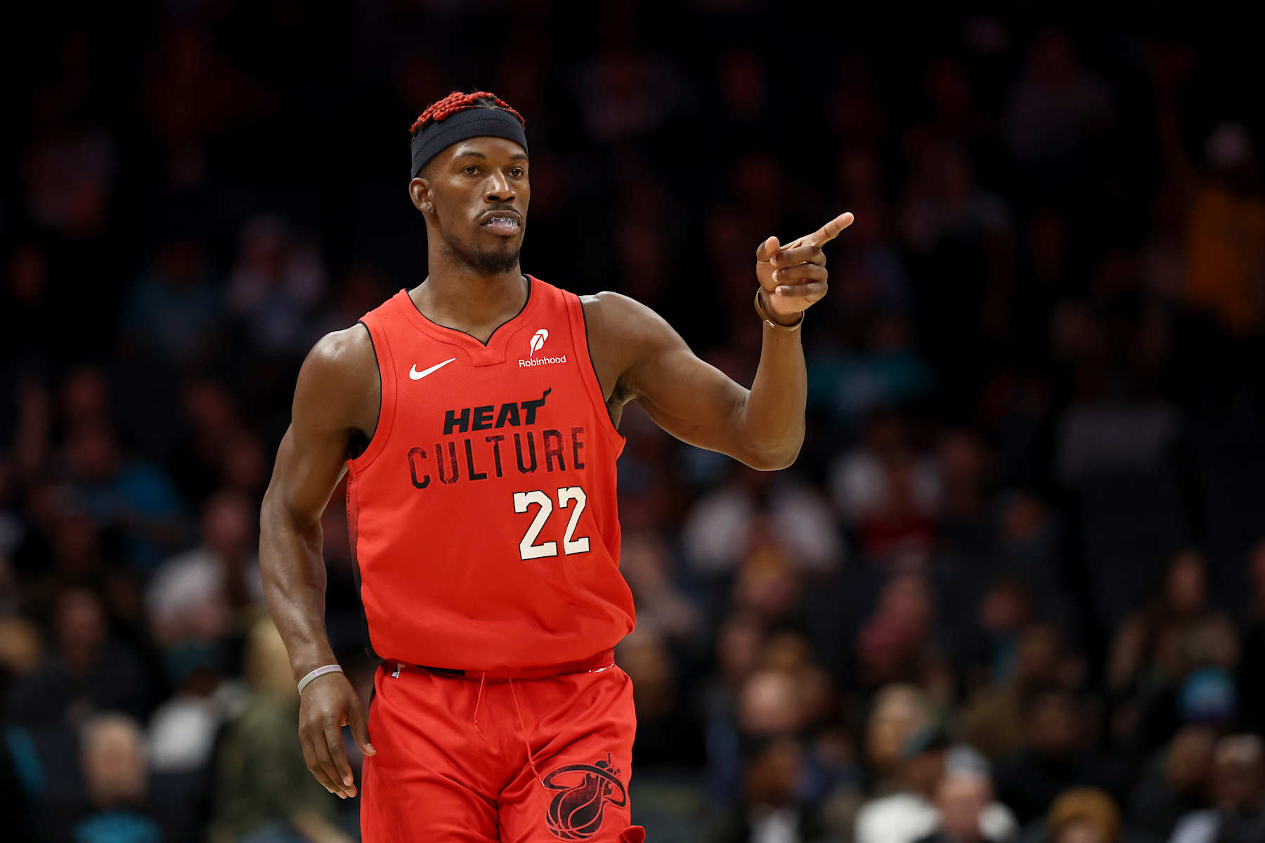 CHARLOTTE, NORTH CAROLINA - NOVEMBER 27: Jimmy Butler #22 of the Miami Heat reacts following a basket during the second half of the game against the Charlotte Hornets at Spectrum Center on November 27, 2024 in Charlotte, North Carolina. NOTE TO USER: User expressly acknowledges and agrees that, by downloading and or using this photograph, User is consenting to the terms and conditions of the Getty Images License Agreement. (Photo by Jared C. Tilton/Getty Images)