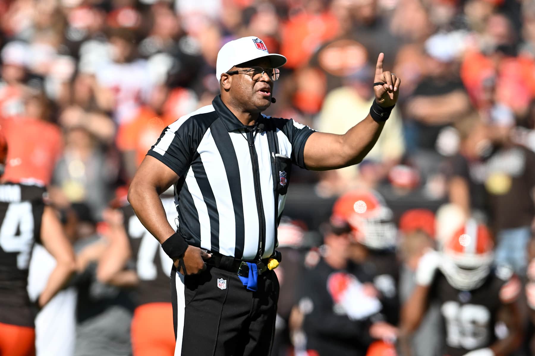 CLEVELAND, OHIO - OCTOBER 20: Referee Ronald Torbert announces a penalty during the second quarter between the Cincinnati Bengals and the Cleveland Browns at Huntington Bank Field on October 20, 2024 in Cleveland, Ohio. (Photo by Nick Cammett/Diamond Images via Getty Images)