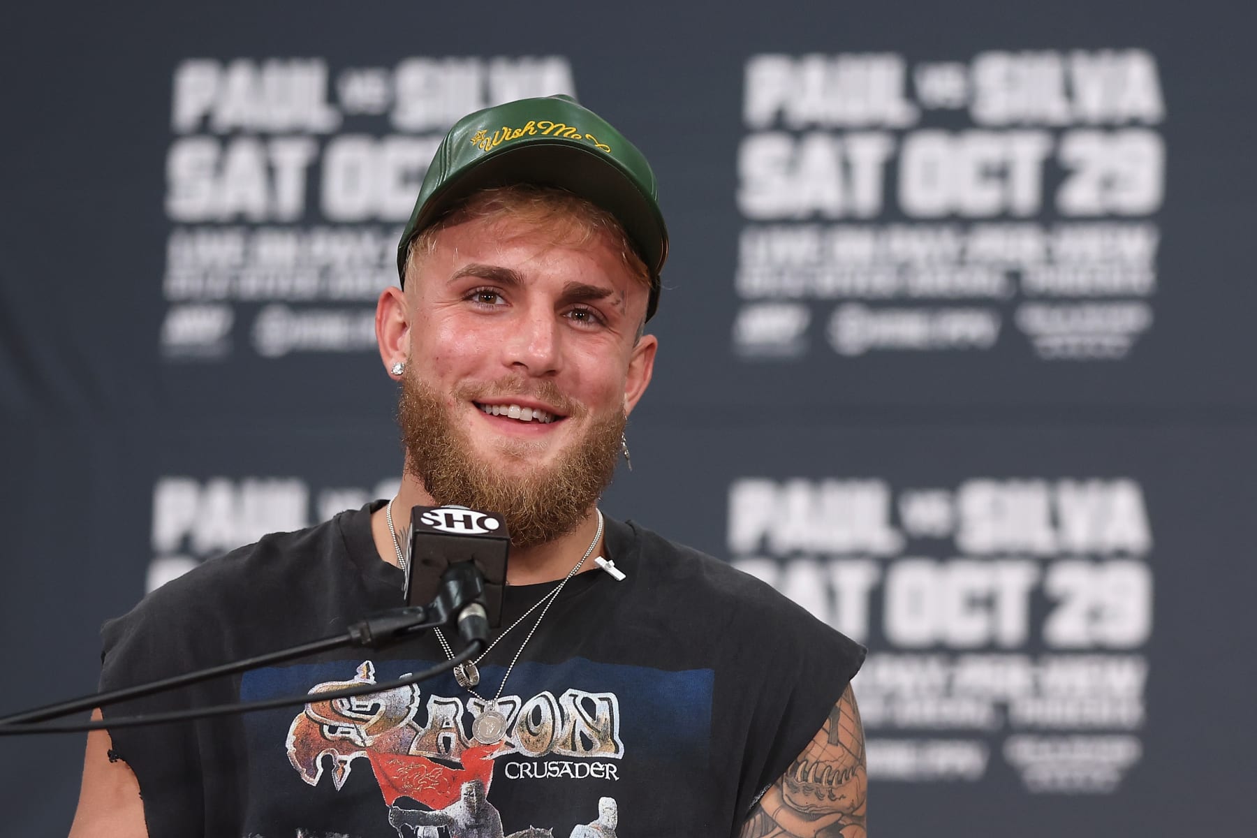 GLENDALE, ARIZONA - SEPTEMBER 13:  Jake Paul speaks during a Jake Paul v Anderson Silva press conference at Gila River Arena on September 13, 2022 in Glendale, Arizona. (Photo by Christian Petersen/Getty Images)