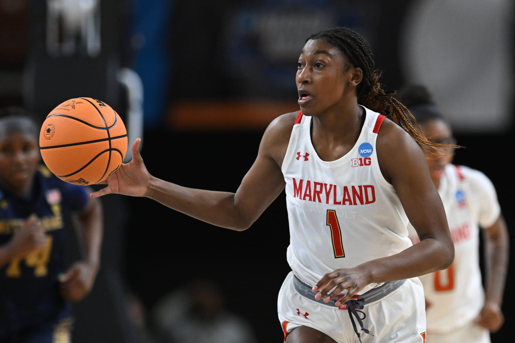 GREENVILLE, SC - MARCH 25: Diamond Miller #1 of the Maryland Terrapins brings the ball down the court during the Sweet Sixteen round of the 2023 NCAA Womens Basketball Tournament held at Bon Secours Wellness Arena on March 25, 2023 in Greenville, South Carolina. (Photo by Grant Halverson/NCAA Photos via Getty Images)