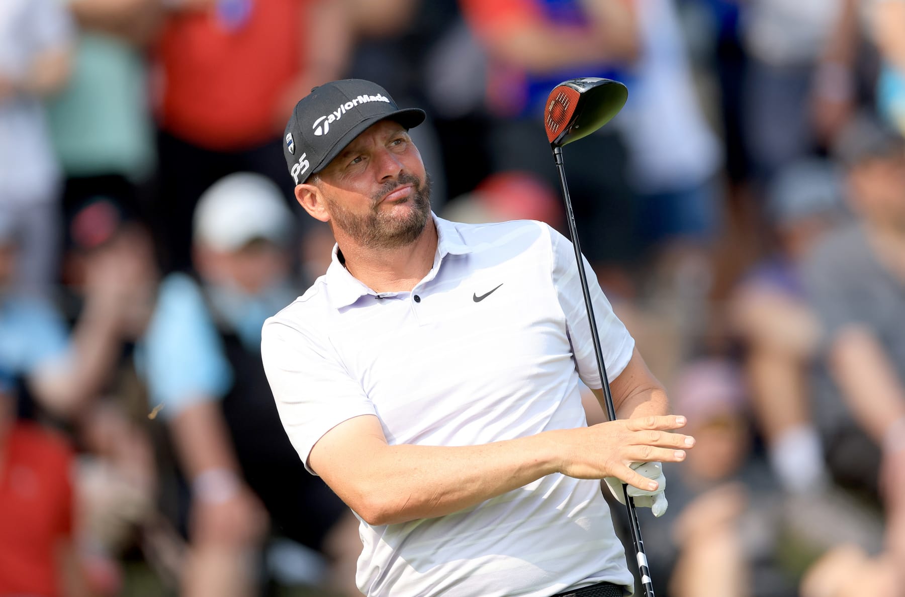 ROCHESTER, NEW YORK - MAY 21: Michael Block of The United States plays his tee shot on the 14th hole during the final round of the 2023 PGA Championship at Oak Hill Country Club on May 21, 2023 in Rochester, New York. (Photo by David Cannon/Getty Images)