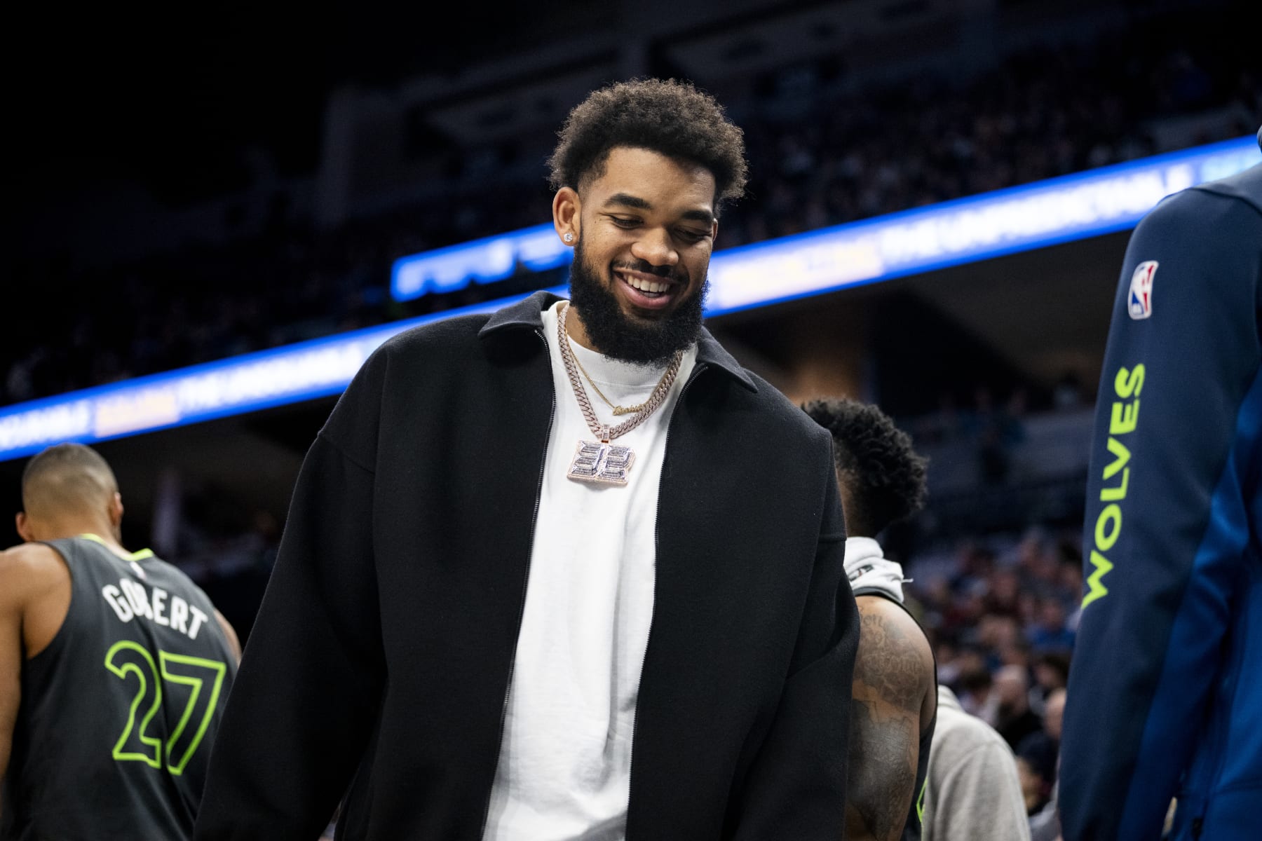 MINNEAPOLIS, MINNESOTA - APRIL 2: Karl-Anthony Towns #32 of the Minnesota Timberwolves looks on during a timeout in the second quarter of the game against the Houston Rockets at Target Center on April 2, 2024 in Minneapolis, Minnesota. NOTE TO USER: User expressly acknowledges and agrees that, by downloading and or using this photograph, User is consenting to the terms and conditions of the Getty Images License Agreement. (Photo by Stephen Maturen/Getty Images)
