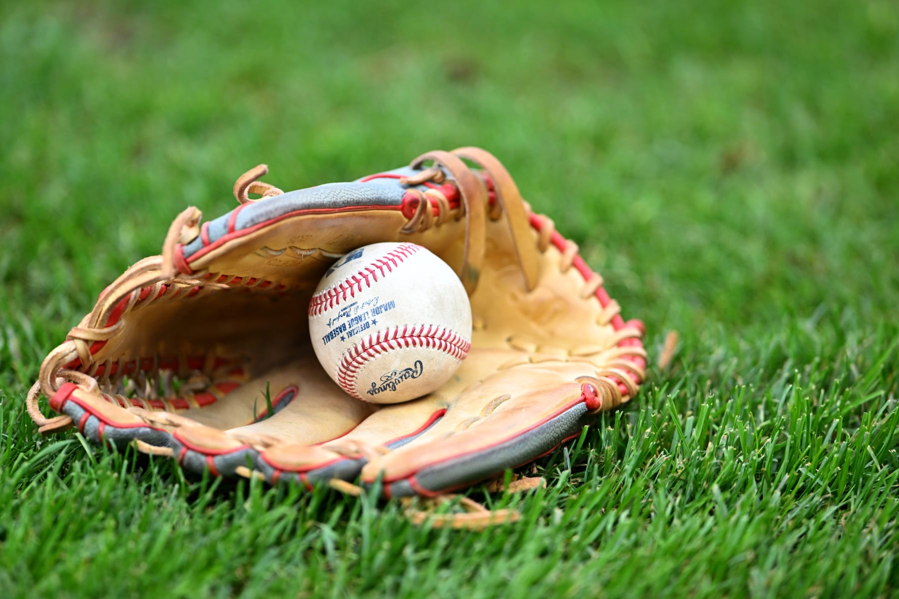 CLEVELAND, OHIO - SEPTEMBER 13: An official major league baseball sits in a player's glove on the grass prior to the game between the Cleveland Guardians and the Los Angeles Angels at Progressive Field on September 13, 2022 in Cleveland, Ohio. (Photo by Jason Miller/Getty Images)