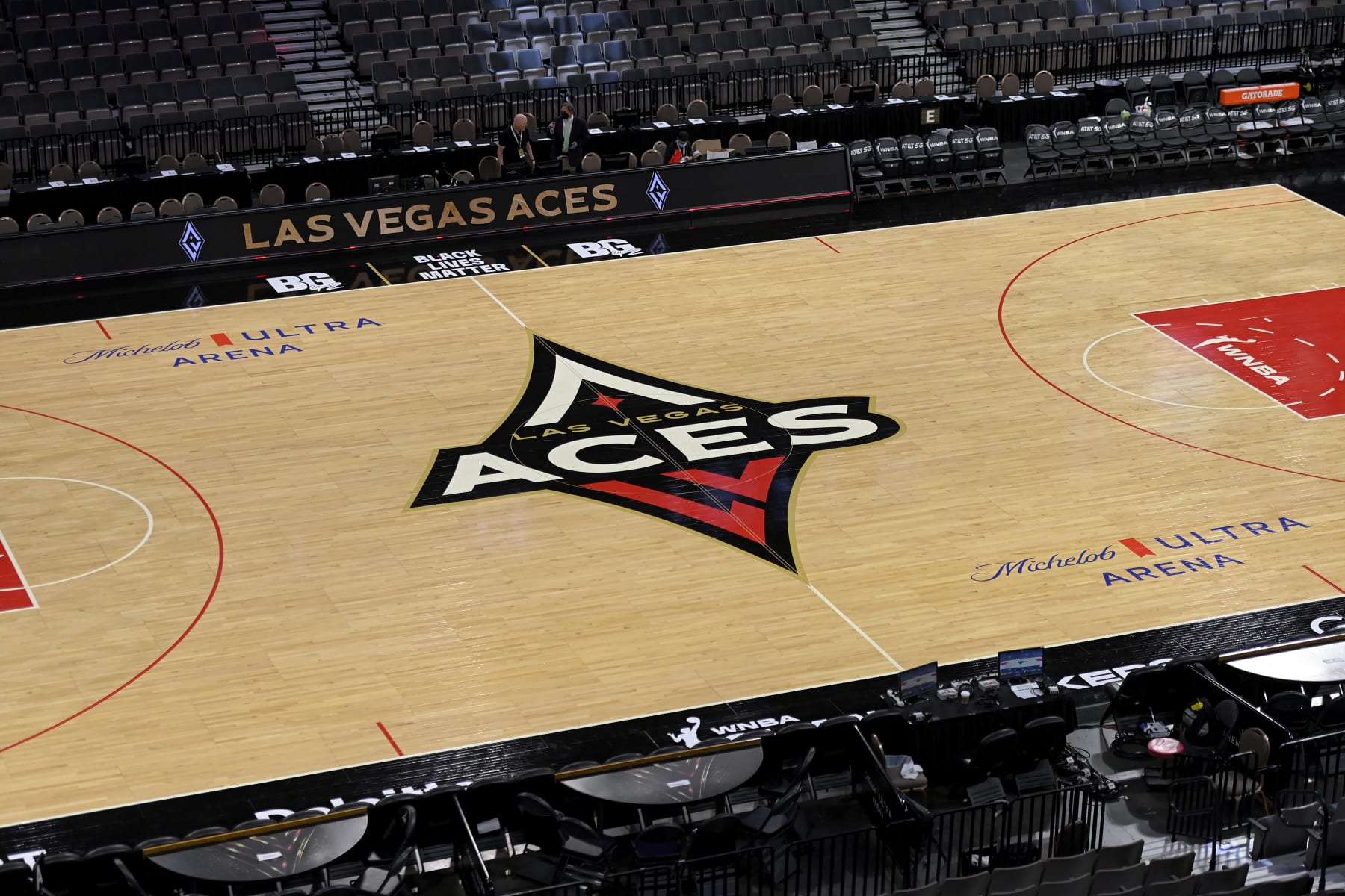 LAS VEGAS, NV - MAY 21: A general shot of the Las Vegas Aces center court logo before the game against the Phoenix Mercury on May 21, 2022 at  Michelob ULTRA Arena in Las Vegas, Nevada. NOTE TO USER: User expressly acknowledges and agrees that, by downloading and or using this photograph, User is consenting to the terms and conditions of the Getty Images License Agreement. Mandatory Copyright Notice: Copyright 2022 NBAE (Photo by David Becker/NBAE via Getty Images)
