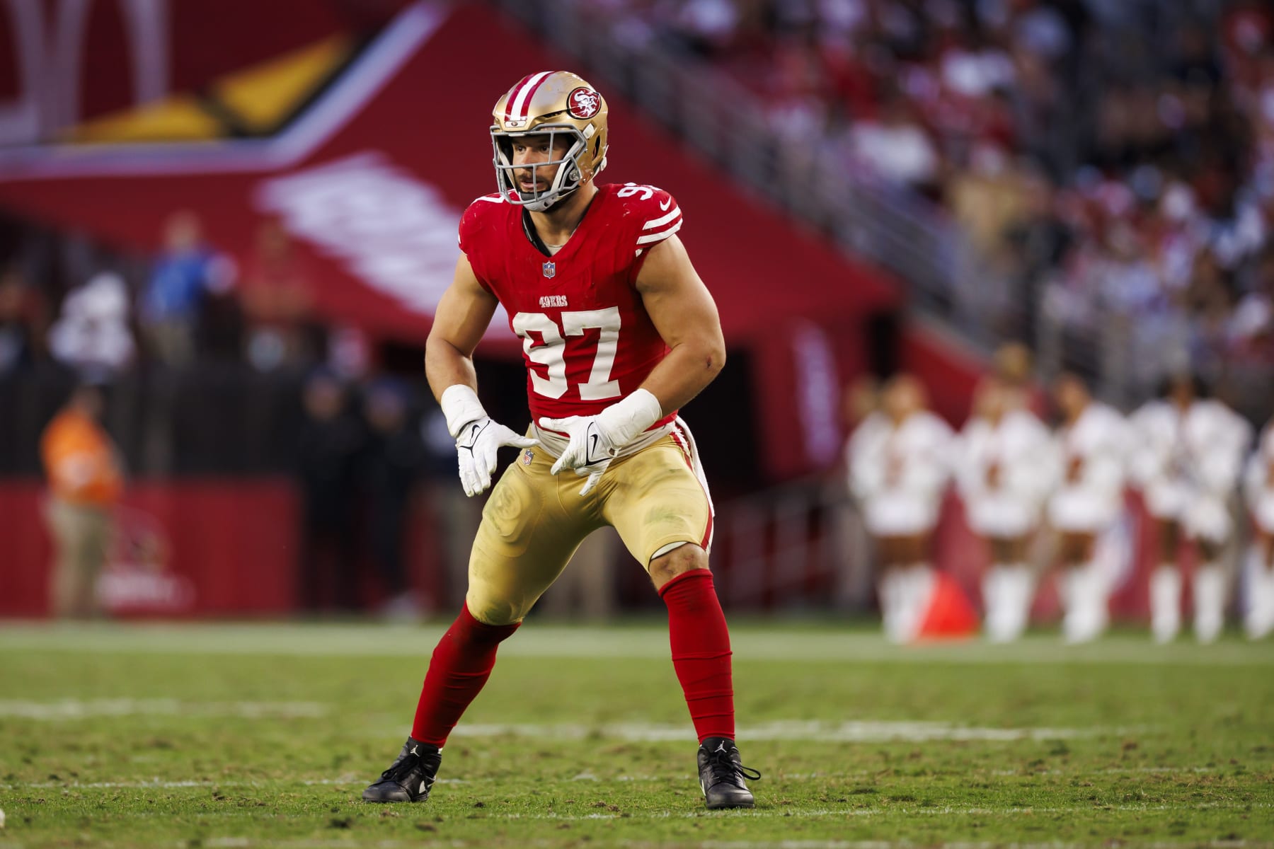 GLENDALE, ARIZONA - DECEMBER 17: Nick Bosa #97 of the San Francisco 49ers lines up to run around the edge during an NFL football game against the Arizona Cardinals at State Farm Stadium on December 17, 2023 in Glendale, Arizona. (Photo by Ryan Kang/Getty Images)