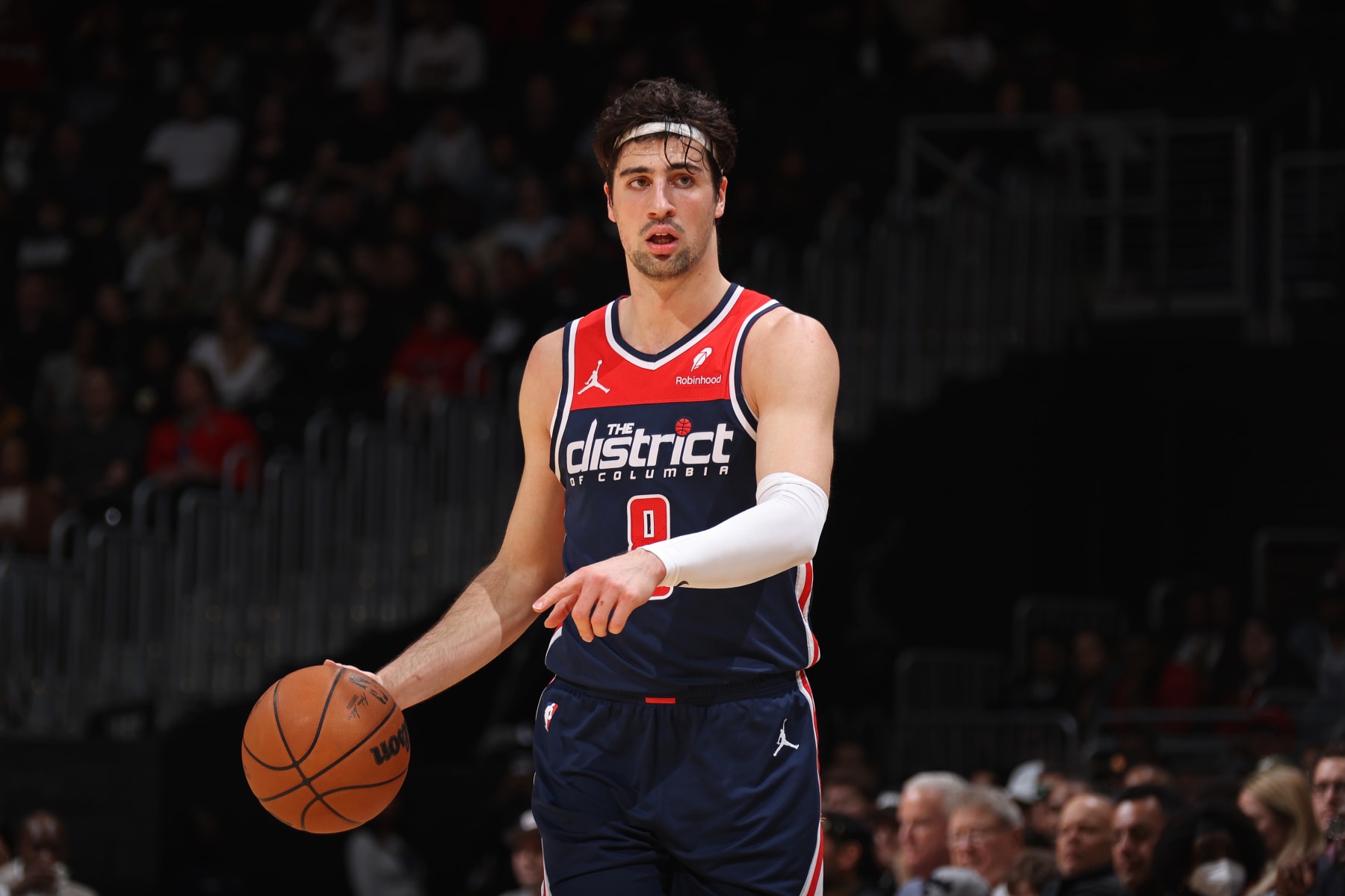 WASHINGTON, DC -  MARCH 31: Deni Avdija #8 of the Washington Wizards signals during the game against the Miami Heat on March 31, 2024 at Capital One Arena in Washington, DC. NOTE TO USER: User expressly acknowledges and agrees that, by downloading and or using this Photograph, user is consenting to the terms and conditions of the Getty Images License Agreement. Mandatory Copyright Notice: Copyright 2024 NBAE (Photo by Stephen Gosling/NBAE via Getty Images)
