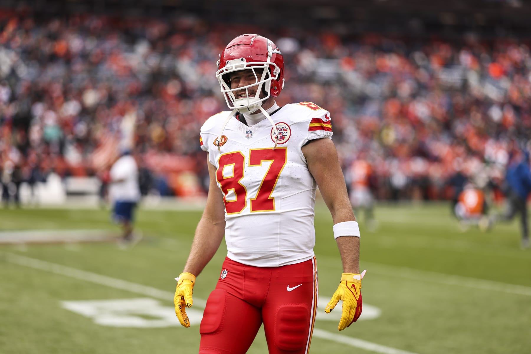 DENVER, COLORADO - OCTOBER 29: Travis Kelce #87 of the Kansas City Chiefs reacts prior to an NFL football game between the Denver Broncos and the Kansas City Chiefs at Empower Field At Mile High on October 29, 2023 in Denver, Colorado. (Photo by Michael Owens/Getty Images)