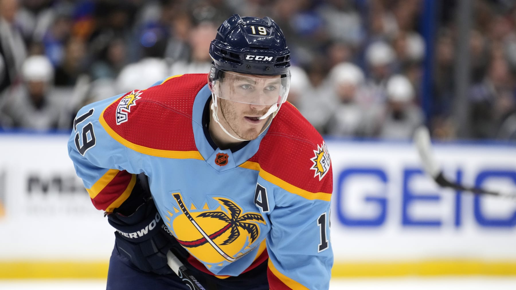 Florida Panthers left wing Matthew Tkachuk (19) against the Tampa Bay Lightning during the first period of an NHL hockey game Saturday, Dec. 10, 2022, in Tampa, Fla. (AP Photo/Chris O'Meara)