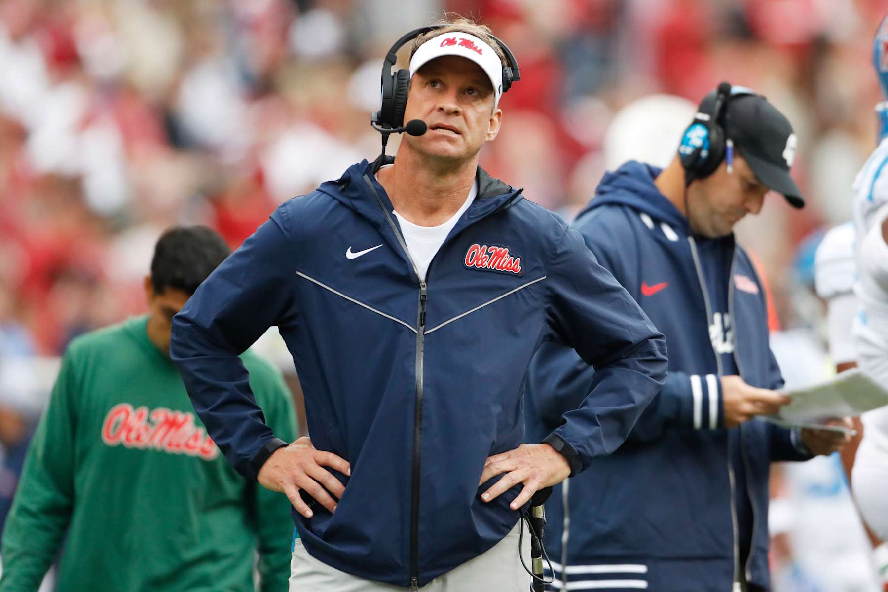 FAYETTEVILLE, AR - NOVEMBER 02:  Mississippi Rebels head coach Lane Kiffin during the college football game between the Mississippi Rebels and Arkansas Razorbacks on November 2, 2024, at Donald W. Reynolds Razorback Stadium in Fayetteville, Arkansas. (Photo by Andy Altenburger/Icon Sportswire via Getty Images)