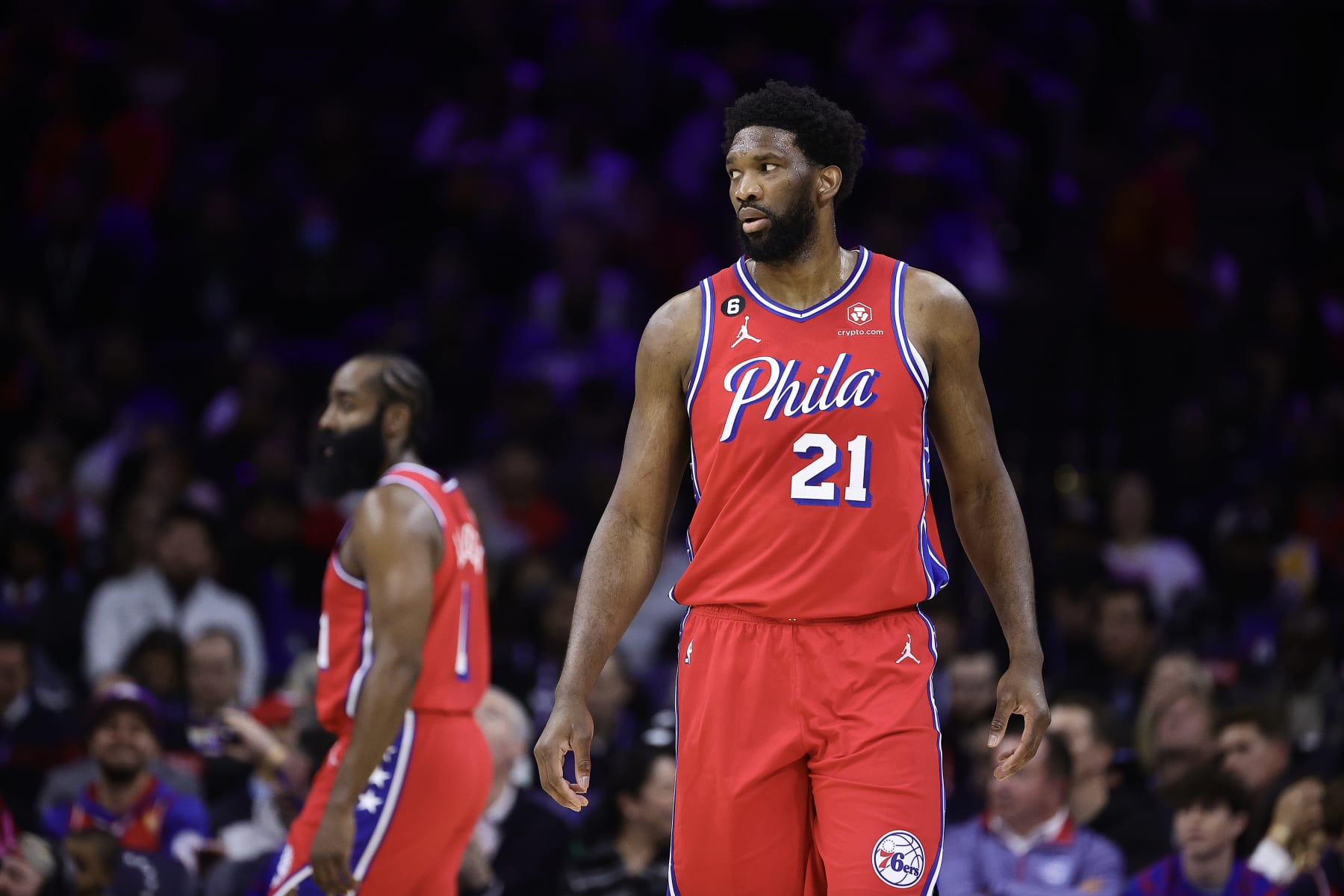 PHILADELPHIA, PENNSYLVANIA - DECEMBER 09: Joel Embiid #21 of the Philadelphia 76ers looks on during the first quarter against the Los Angeles Lakers at Wells Fargo Center on December 09, 2022 in Philadelphia, Pennsylvania. NOTE TO USER: User expressly acknowledges and agrees that, by downloading and or using this photograph, User is consenting to the terms and conditions of the Getty Images License Agreement. (Photo by Tim Nwachukwu/Getty Images)
