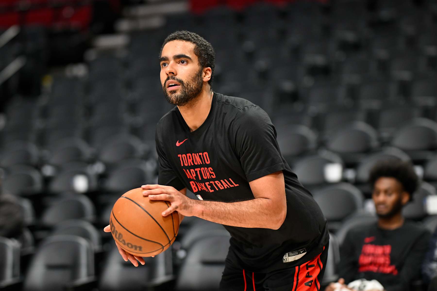 PORTLAND, OREGON - MARCH 09: Jontay Porter #34 of the Toronto Raptors warms up before the game against the Portland Trail Blazers at the Moda Center on March 09, 2024 in Portland, Oregon. NOTE TO USER: User expressly acknowledges and agrees that, by downloading and or using this photograph, User is consenting to the terms and conditions of the Getty Images License Agreement. (Photo by Alika Jenner/Getty Images)