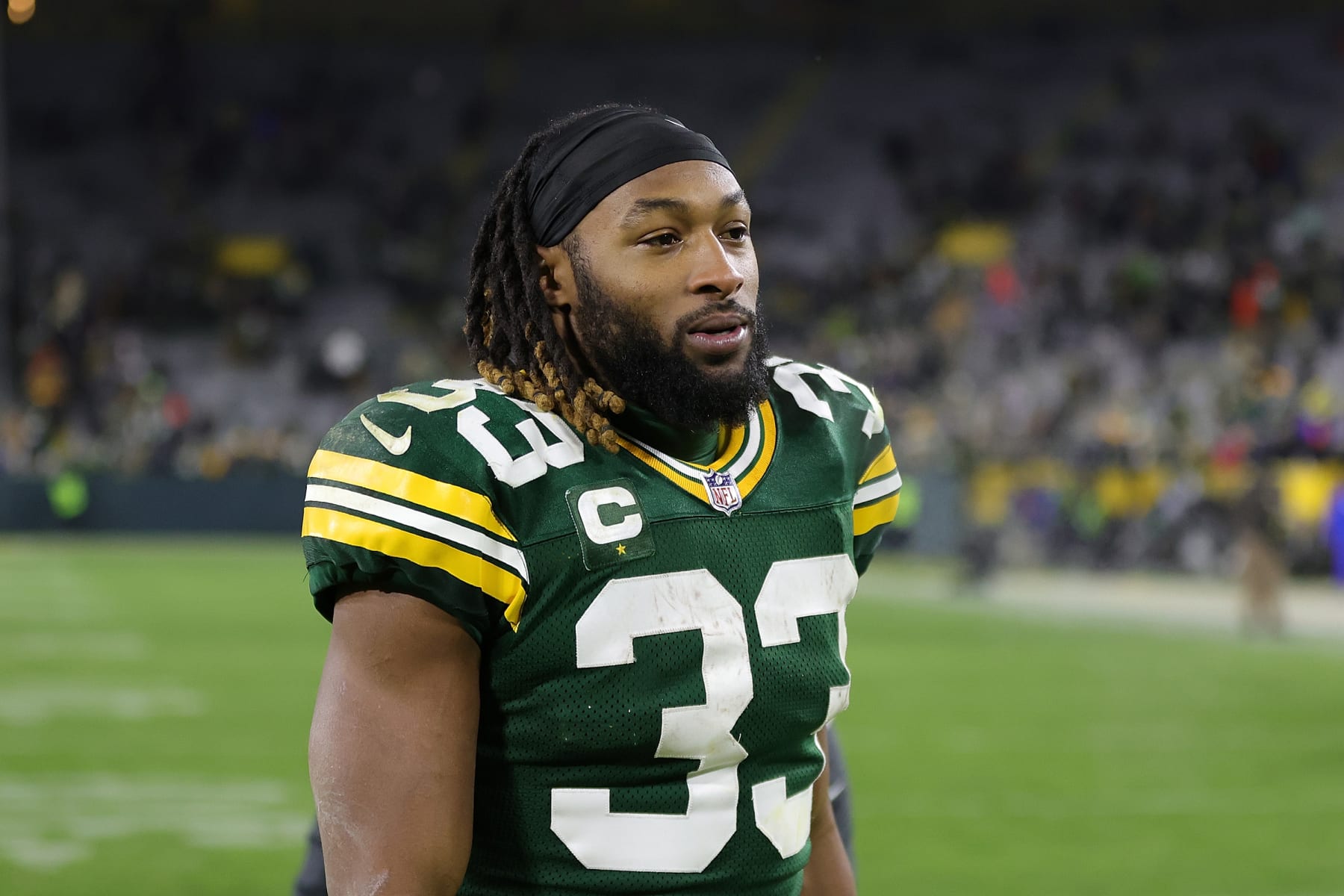 GREEN BAY, WISCONSIN - DECEMBER 19: Aaron Jones #33 of the Green Bay Packers leaves the field following a game against the Los Angeles Rams at Lambeau Field on December 19, 2022 in Green Bay, Wisconsin. The Packers defeated the Rams 24-12. (Photo by Stacy Revere/Getty Images) GREEN BAY, WISCONSIN - DECEMBER 19: Aaron Jones #33 of the Green Bay Packers leaves the field following a game against the Los Angeles Rams at Lambeau Field on December 19, 2022 in Green Bay, Wisconsin. The Packers defeated the Rams 24-12. (Photo by Stacy Revere/Getty Images)