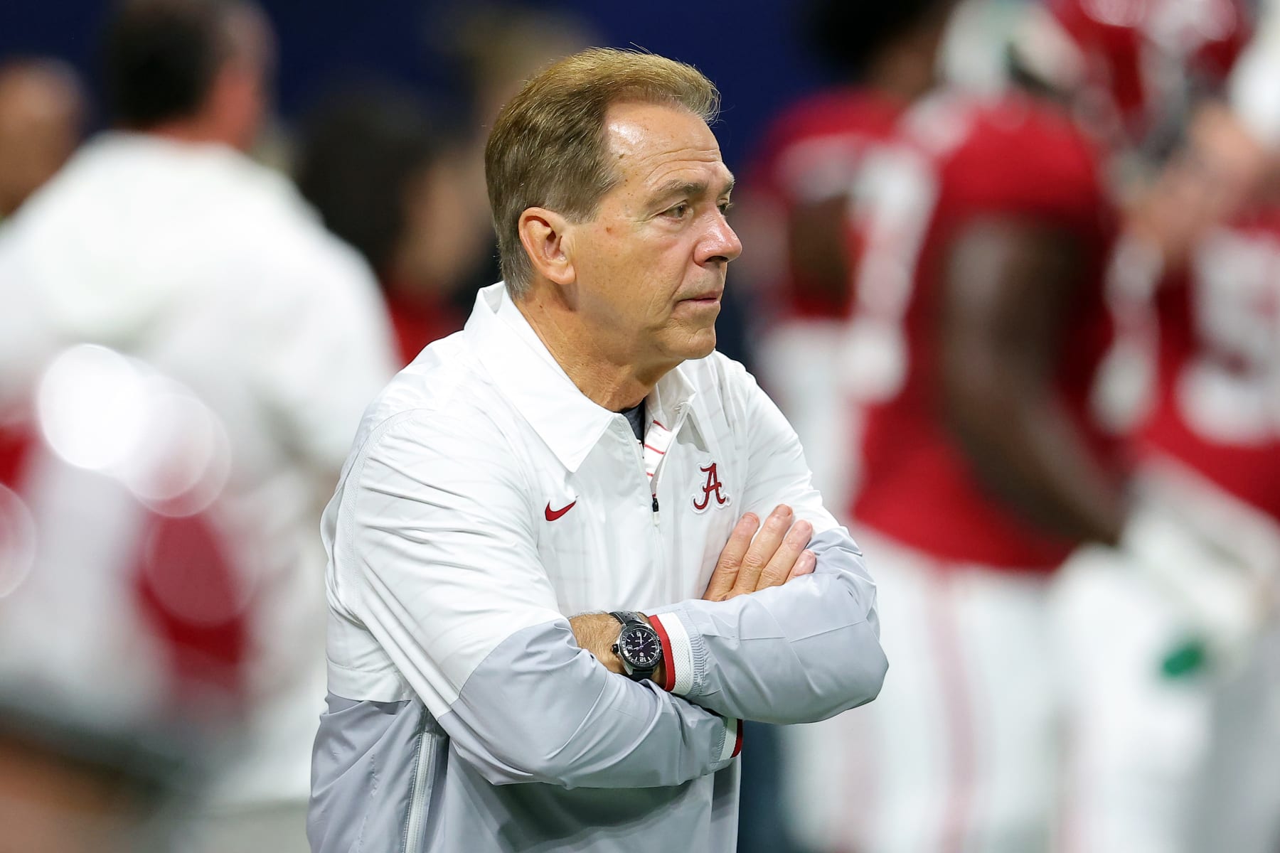 ATLANTA, GEORGIA - DECEMBER 02: Head coach Nick Saban of the Alabama Crimson Tide looks on prior to the SEC Championship game against the Georgia Bulldogs at Mercedes-Benz Stadium on December 02, 2023 in Atlanta, Georgia. (Photo by Kevin C. Cox/Getty Images)