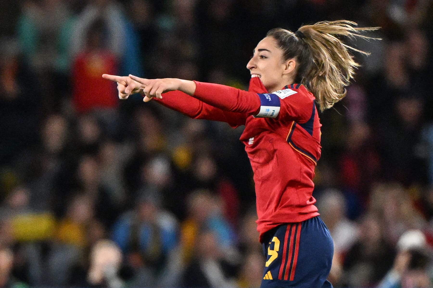 Spain's defender #19 Olga Carmona celebrates scoring her team's first goal during the Australia and New Zealand 2023 Women's World Cup final football match between Spain and England at Stadium Australia in Sydney on August 20, 2023. (Photo by WILLIAM WEST / AFP) (Photo by WILLIAM WEST/AFP via Getty Images)