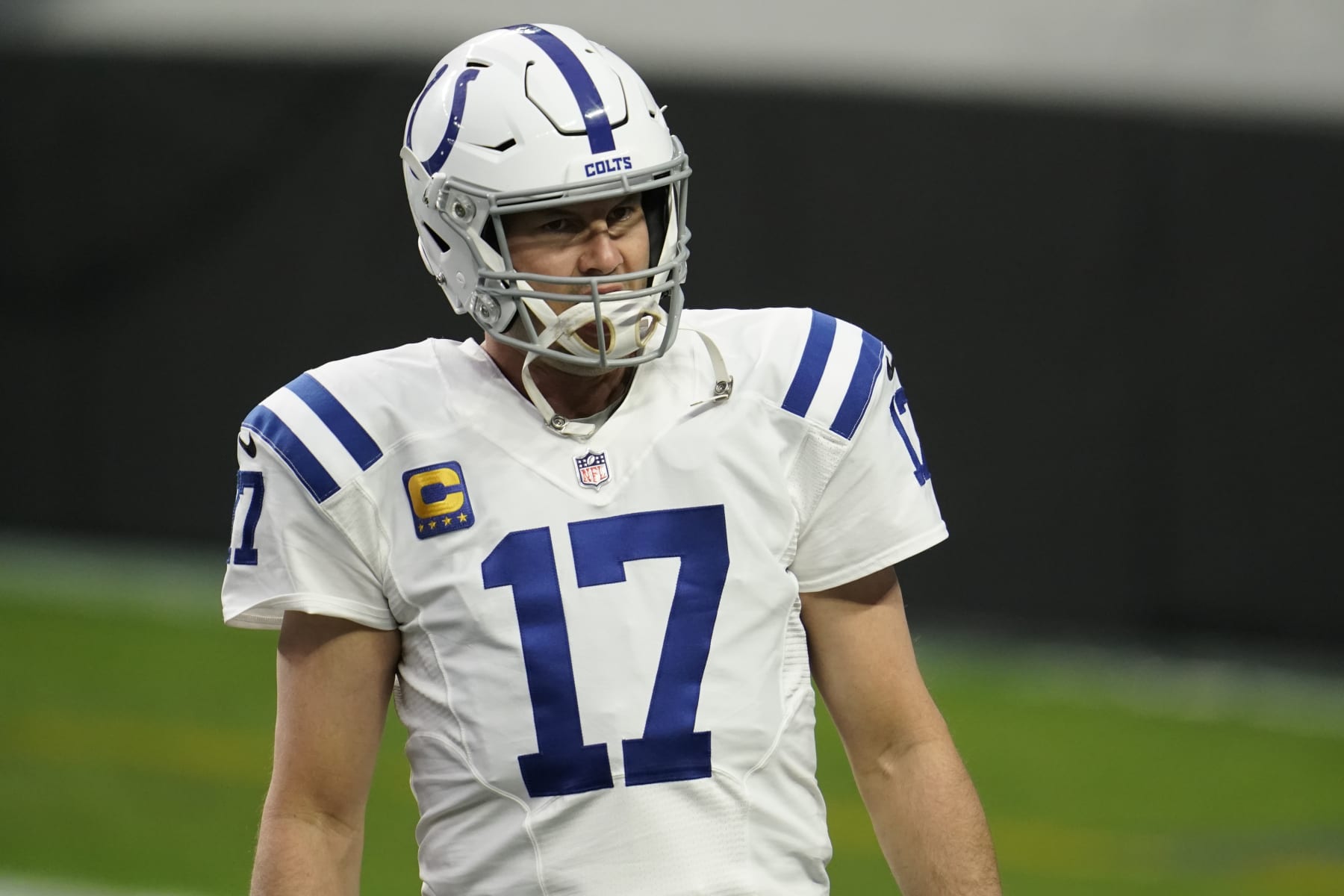 LAS VEGAS, NEVADA - DECEMBER 13: Philip Rivers #17 of the Indianapolis Colts looks on prior to an NFL game against the Las Vegas Raiders on December 13, 2020 in Las Vegas, Nevada. (Photo by Cooper Neill/Getty Images)