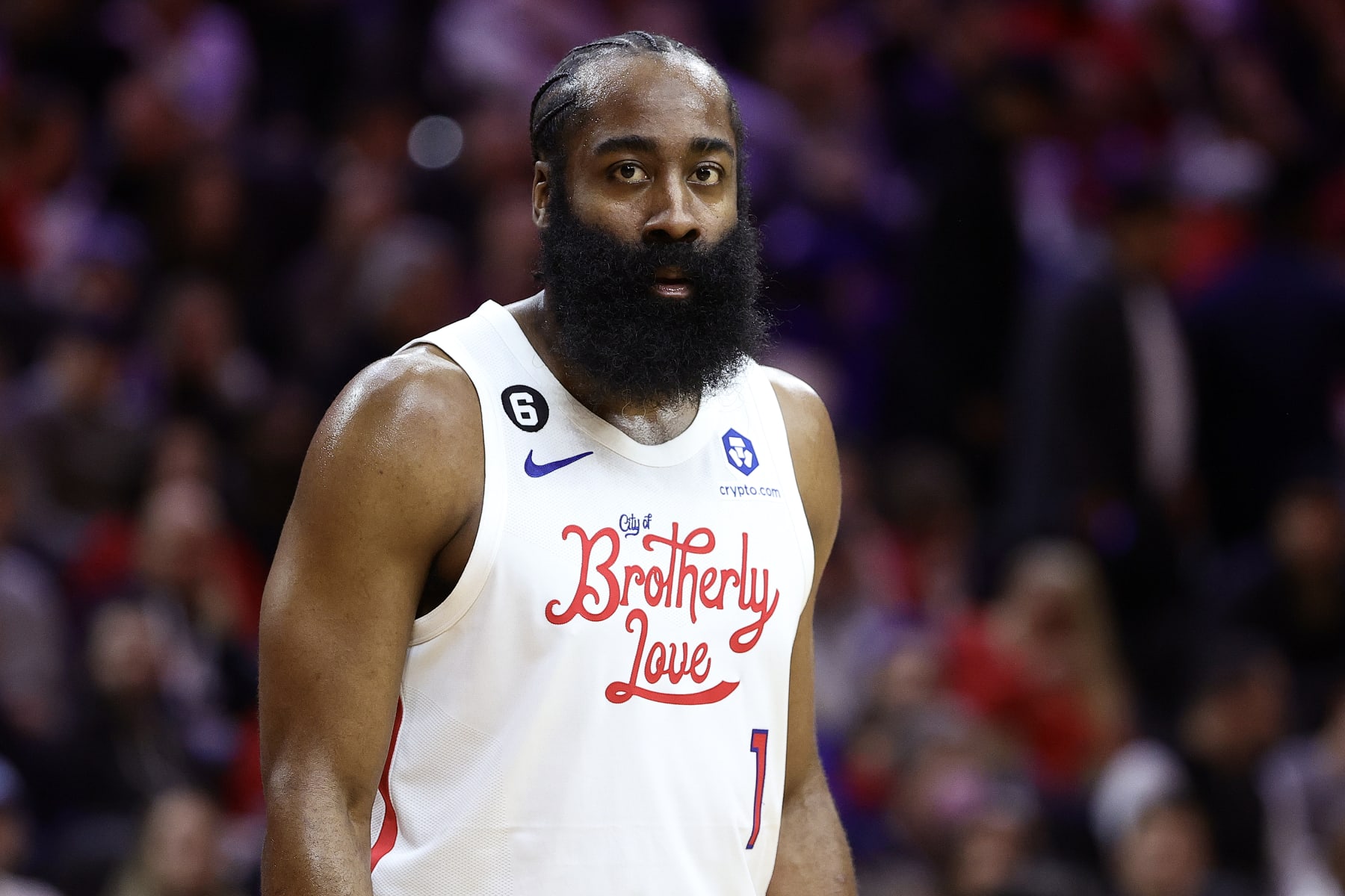 PHILADELPHIA, PENNSYLVANIA - MARCH 20: James Harden #1 of the Philadelphia 76ers looks on during the second quarter against the Chicago Bulls at Wells Fargo Center on March 20, 2023 in Philadelphia, Pennsylvania. NOTE TO USER: User expressly acknowledges and agrees that, by downloading and or using this photograph, User is consenting to the terms and conditions of the Getty Images License Agreement. (Photo by Tim Nwachukwu/Getty Images) (Photo by Tim Nwachukwu/Getty Images)