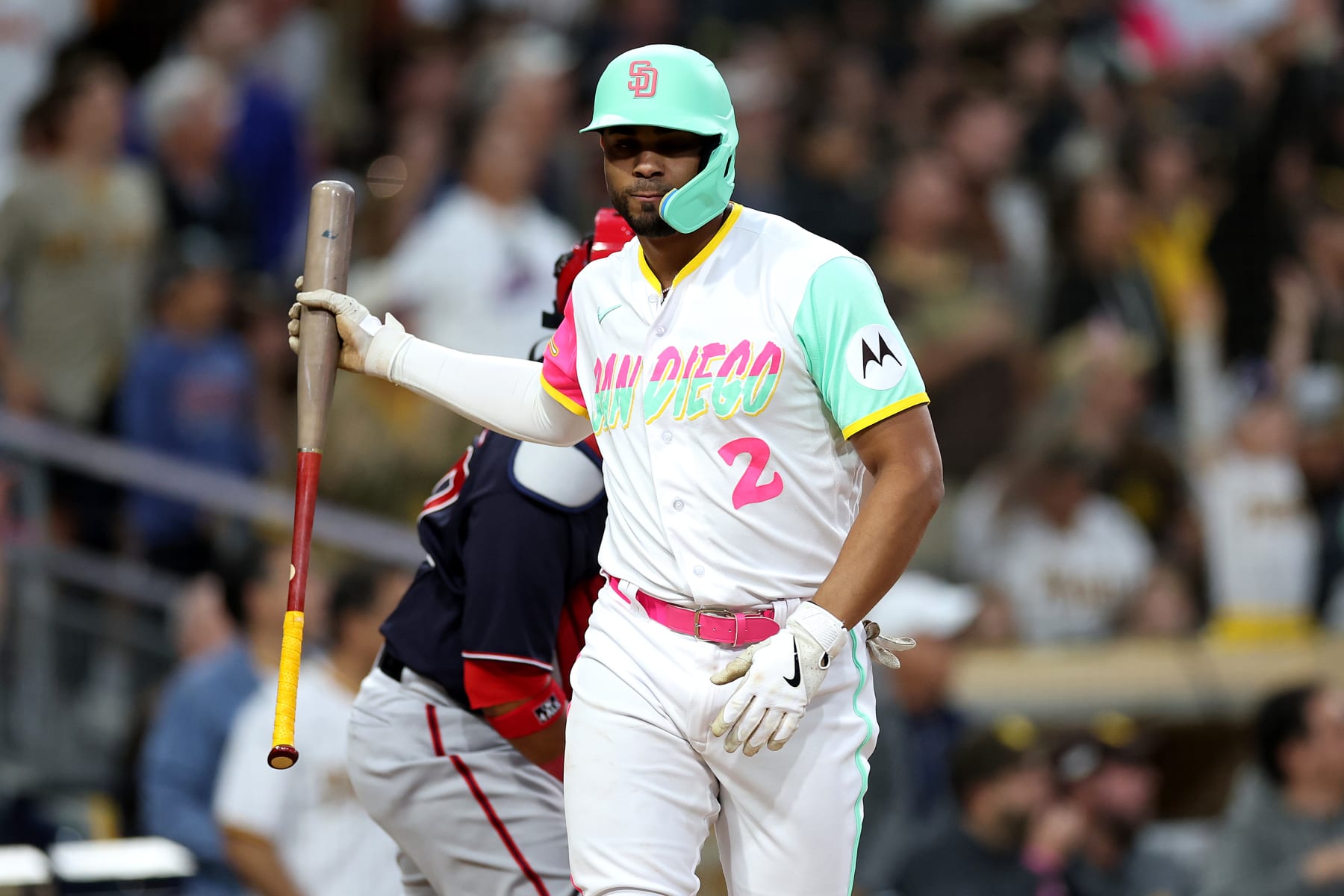SAN DIEGO, CALIFORNIA - JUNE 23: Xander Bogaerts #2 of the San Diego Padres reacts after hitting a three-run homerun during the fifth inning of a game against the Washington Nationals at PETCO Park on June 23, 2023 in San Diego, California. (Photo by Sean M. Haffey/Getty Images)