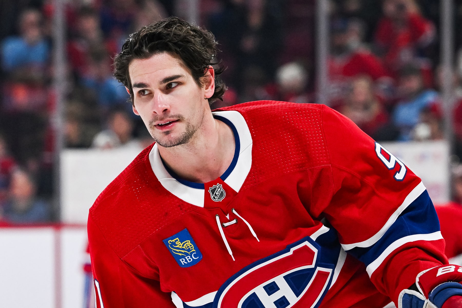 MONTREAL, QC - JANUARY 04: Look on Montreal Canadiens center Sean Monahan (91) during warm-up before the Buffalo Sabres versus the Montreal Canadiens game on January 04, 2024, at Bell Centre in Montreal, QC (Photo by David Kirouac/Icon Sportswire via Getty Images)