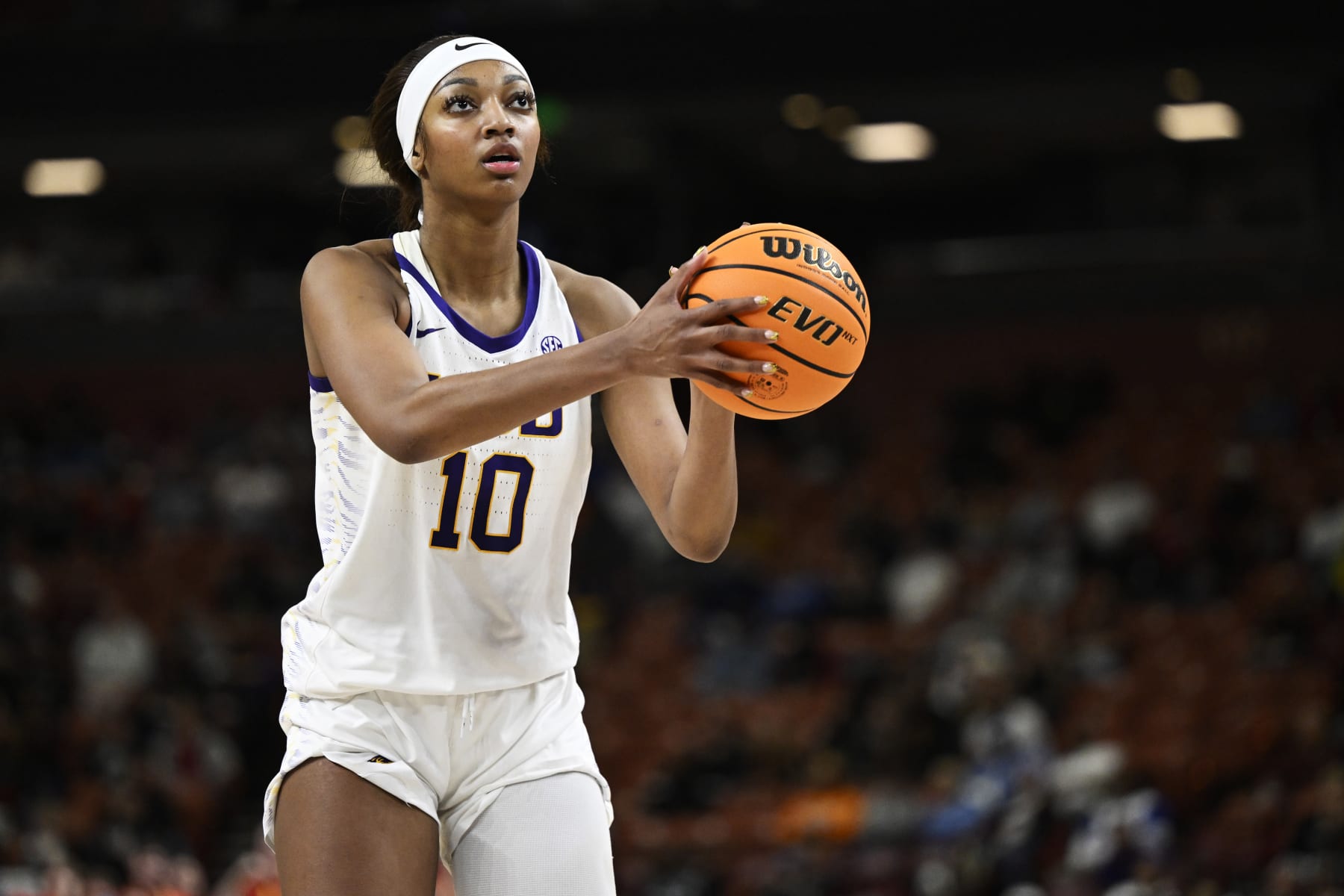 GREENVILLE, SOUTH CAROLINA - MARCH 09: Angel Reese #10 of the LSU Lady Tigers takes a free throw against the Ole Miss Rebels in the third quarter during the semifinals of the SEC Women's Basketball Tournament at Bon Secours Wellness Arena on March 09, 2024 in Greenville, South Carolina.  (Photo by Eakin Howard/Getty Images)
