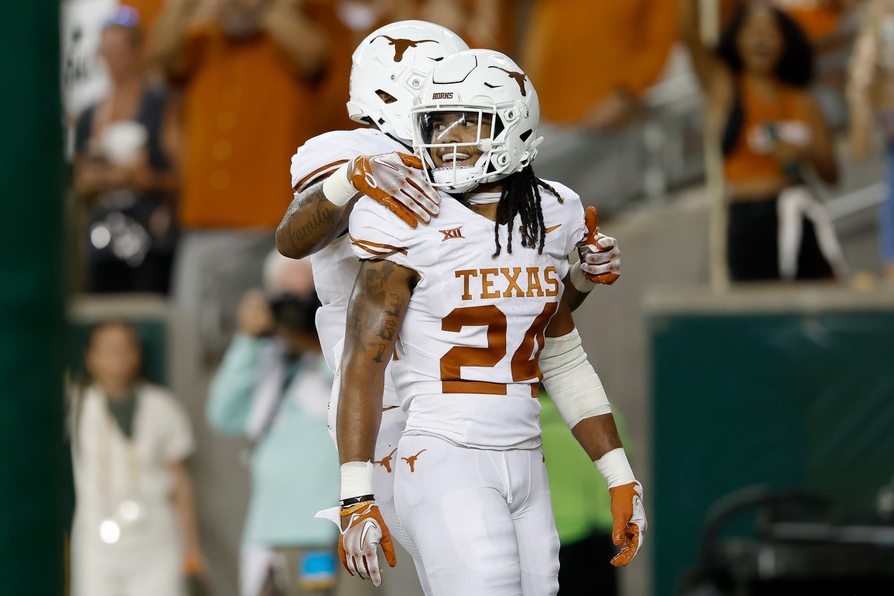 WACO, TEXAS - SEPTEMBER 23: Jonathon Brooks #24 of the Texas Longhorns reacts after a touchdown run in the second half against the Baylor Bears at McLane Stadium on September 23, 2023 in Waco, Texas. (Photo by Tim Warner/Getty Images)