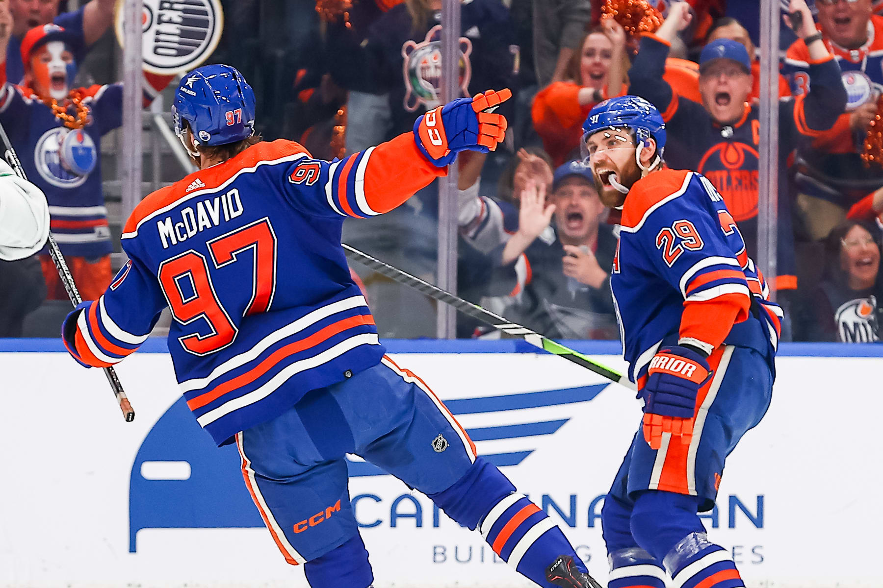 EDMONTON, AB - JUNE 2: Edmonton Oilers Center Connor McDavid (97) celebrates his goal with Edmonton Oilers Center Leon Draisaitl (29) in the first period of game six of the Western Conference Final Round Edmonton Oilers game versus the Dallas Stars on June 2, 2024 at Rogers Place in Edmonton, AB. (Photo by Curtis Comeau/Icon Sportswire via Getty Images)