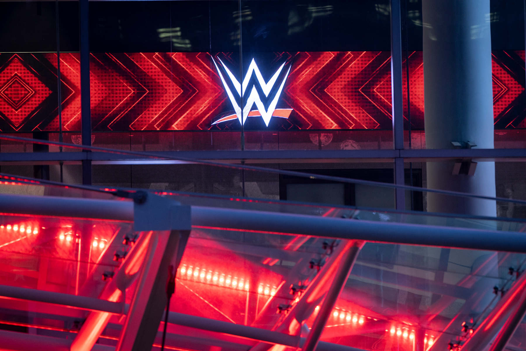 STAMFORD, CONNECTICUT - JANUARY 28: The WWE logo is seen on the front of the WWE wrestling world headquarters on January 28, 2024 in Stamford, Connecticut. WWE founder Vince McMahon resigned from the WWE and its parent company TKO as executive chairman and its board of directors following allegations of sexual assault made public in a lawsuit in Connecticut. A former employee Janel Grant accused McMahon, 78, of sexual assault and sexually trafficking her. (Photo by John Moore/Getty Images)