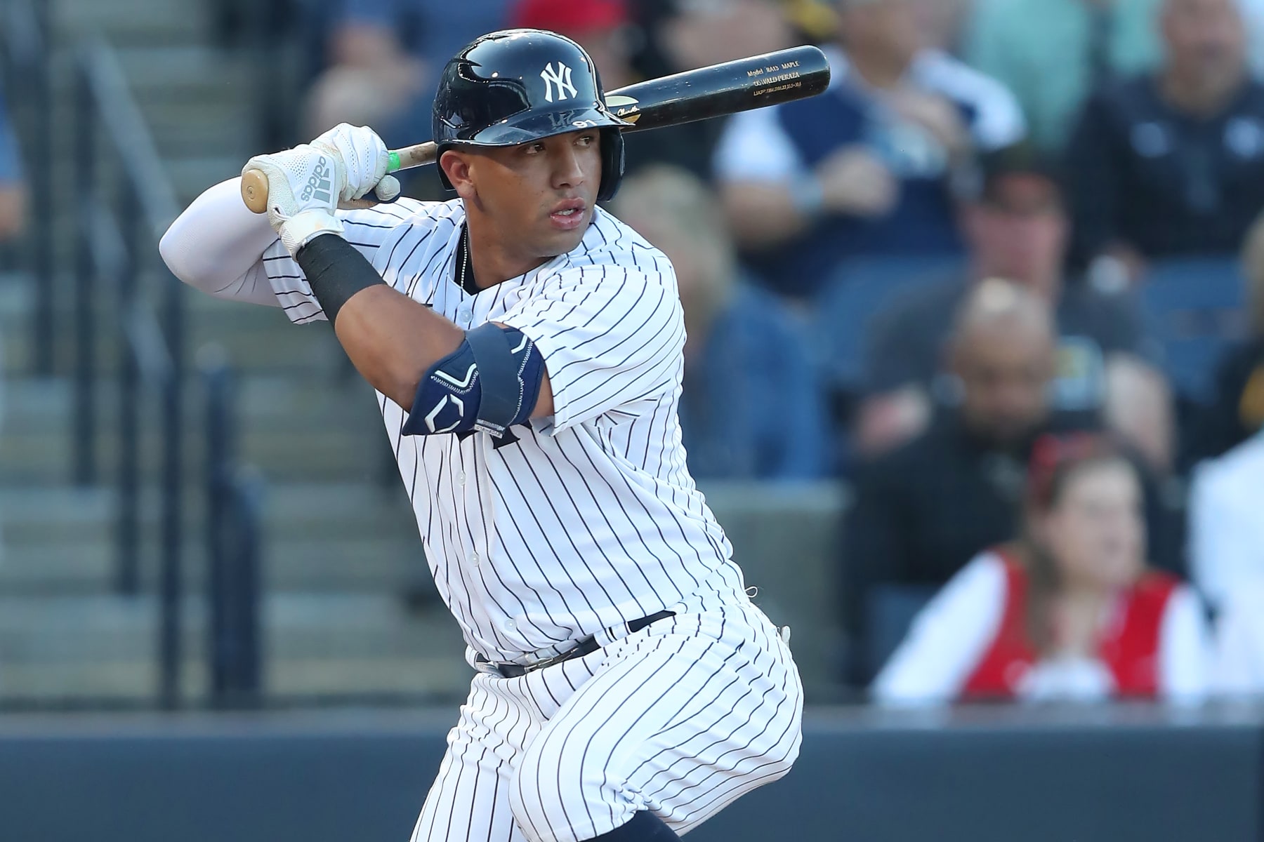 TAMPA, FL - MARCH 16: New York Yankees Infielder Oswald Peraza (91) at bat during the spring training game between the Pittsburgh Pirates and the New York Yankees on March 16, 2023 at George M. Steinbrenner Field in Tampa, FL. (Photo by Cliff Welch/Icon Sportswire via Getty Images)