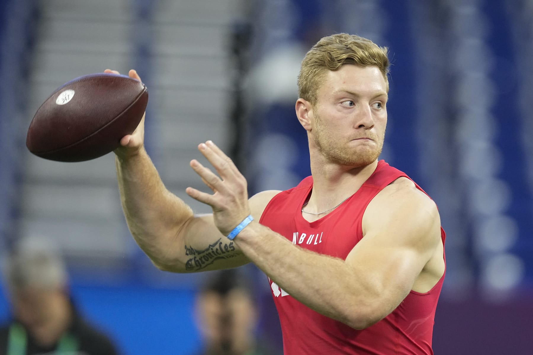 Kentucky quarterback Will Levis runs a drill at the NFL football scouting combine in Indianapolis, Saturday, March 4, 2023. (AP Photo/Darron Cummings)