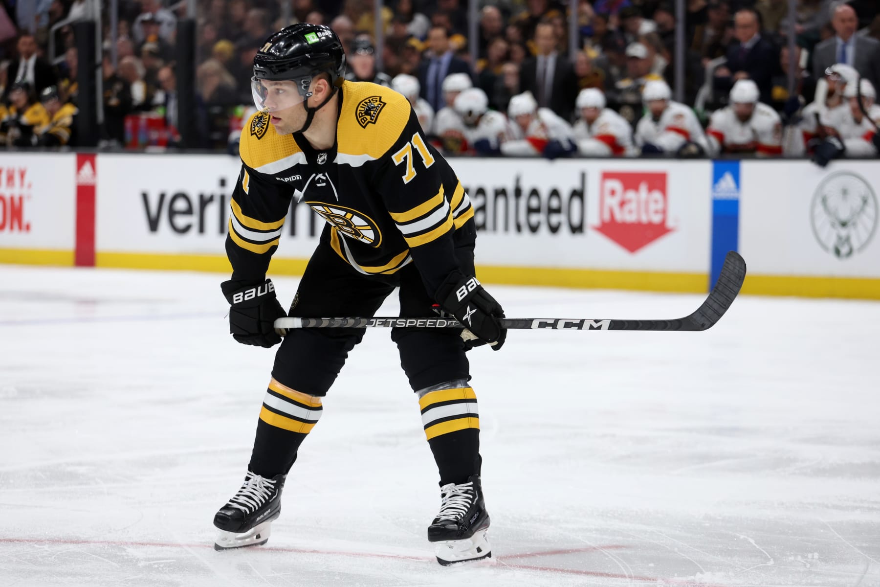 BOSTON, MASSACHUSETTS - APRIL 19: Taylor Hall #71 of the Boston Bruins looks on during the first period of Game Two of the First Round of the 2023 Stanley Cup Playoffs against the Florida Panthers at TD Garden on April 19, 2023 in Boston, Massachusetts. (Photo by Maddie Meyer/Getty Images)