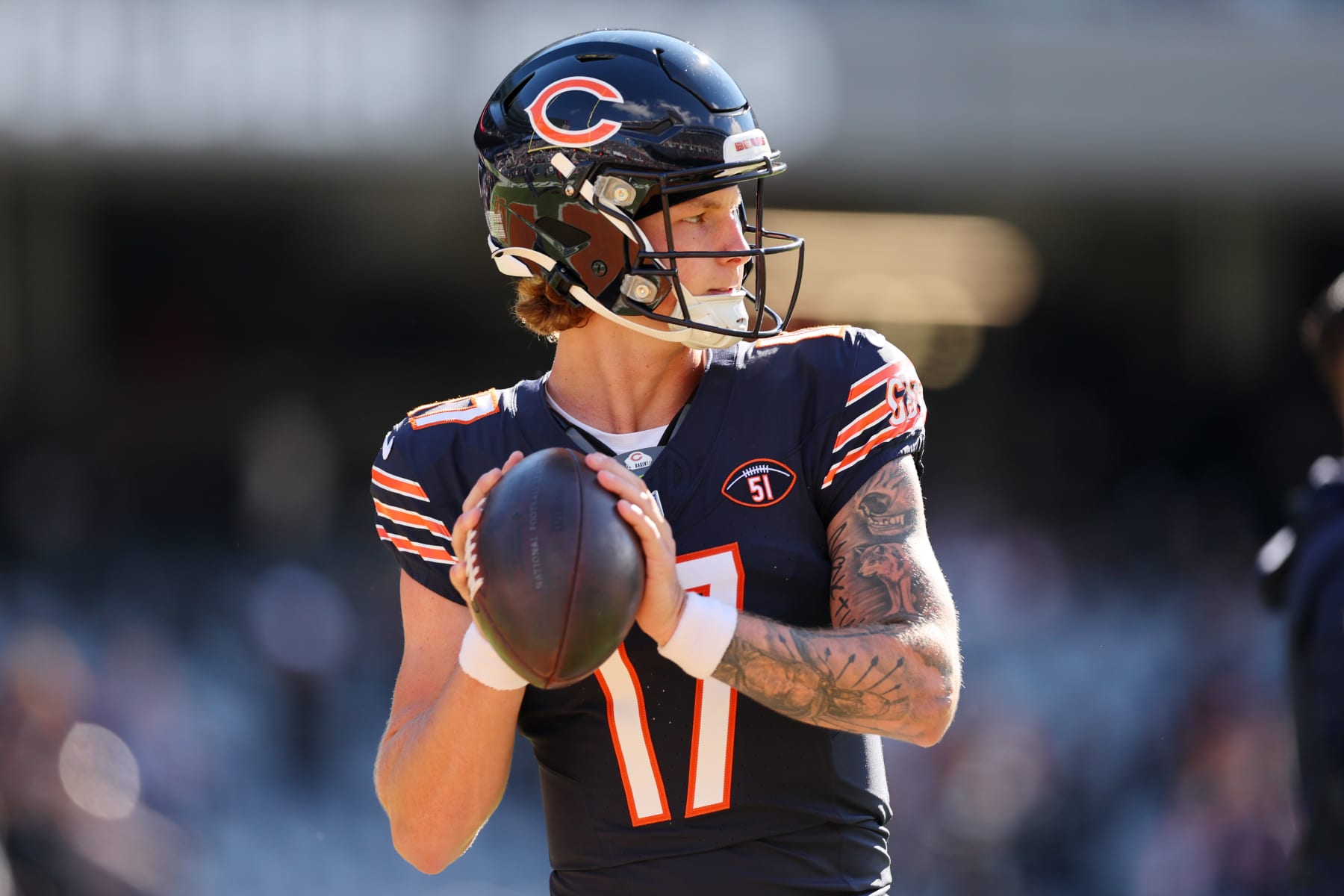 CHICAGO, ILLINOIS - OCTOBER 22: Tyson Bagent #17 of the Chicago Bears warms up before the game against the Las Vegas Raiders at Soldier Field on October 22, 2023 in Chicago, Illinois. (Photo by Michael Reaves/Getty Images)