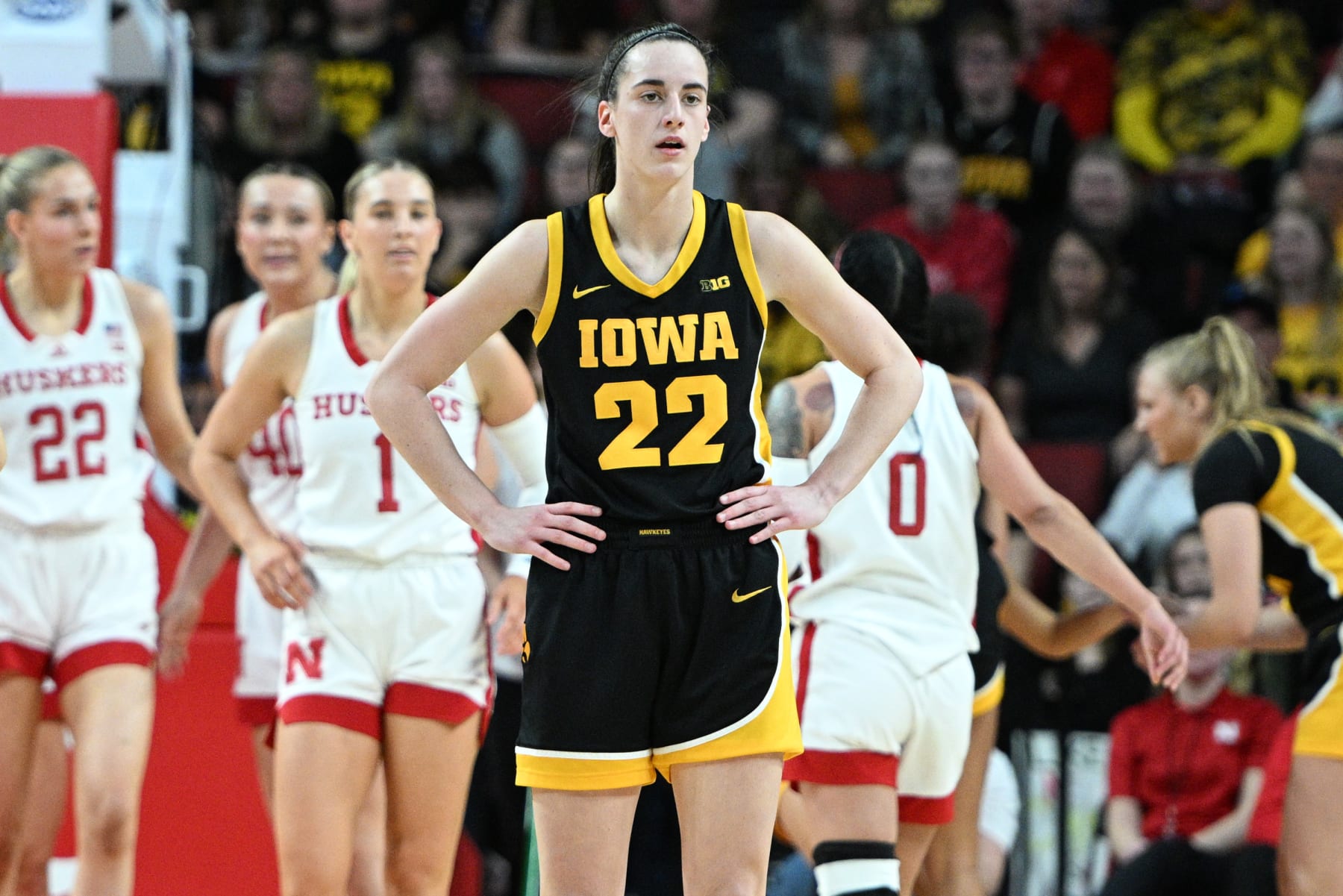 LINCOLN, NEBRASKA - FEBRUARY 11: Caitlin Clark #22 of the Iowa Hawkeyes looks to the bench after a play against the Nebraska Cornhuskers in the first half at Pinnacle Bank Arena on February 11, 2024 in Lincoln, Nebraska. (Photo by Steven Branscombe/Getty Images)