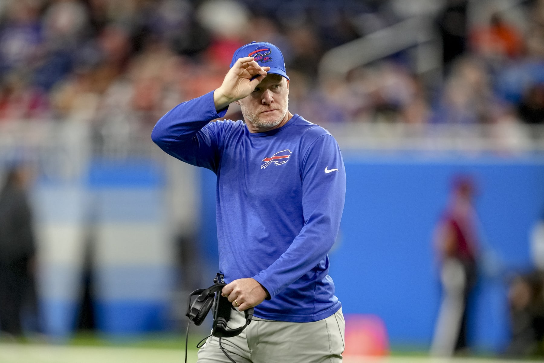 DETROIT, MICHIGAN - NOVEMBER 20: Head coach Sean McDermott of the Buffalo Bills looks on against the Cleveland Browns at Ford Field on November 20, 2022 in Detroit, Michigan. (Photo by Nic Antaya/Getty Images)