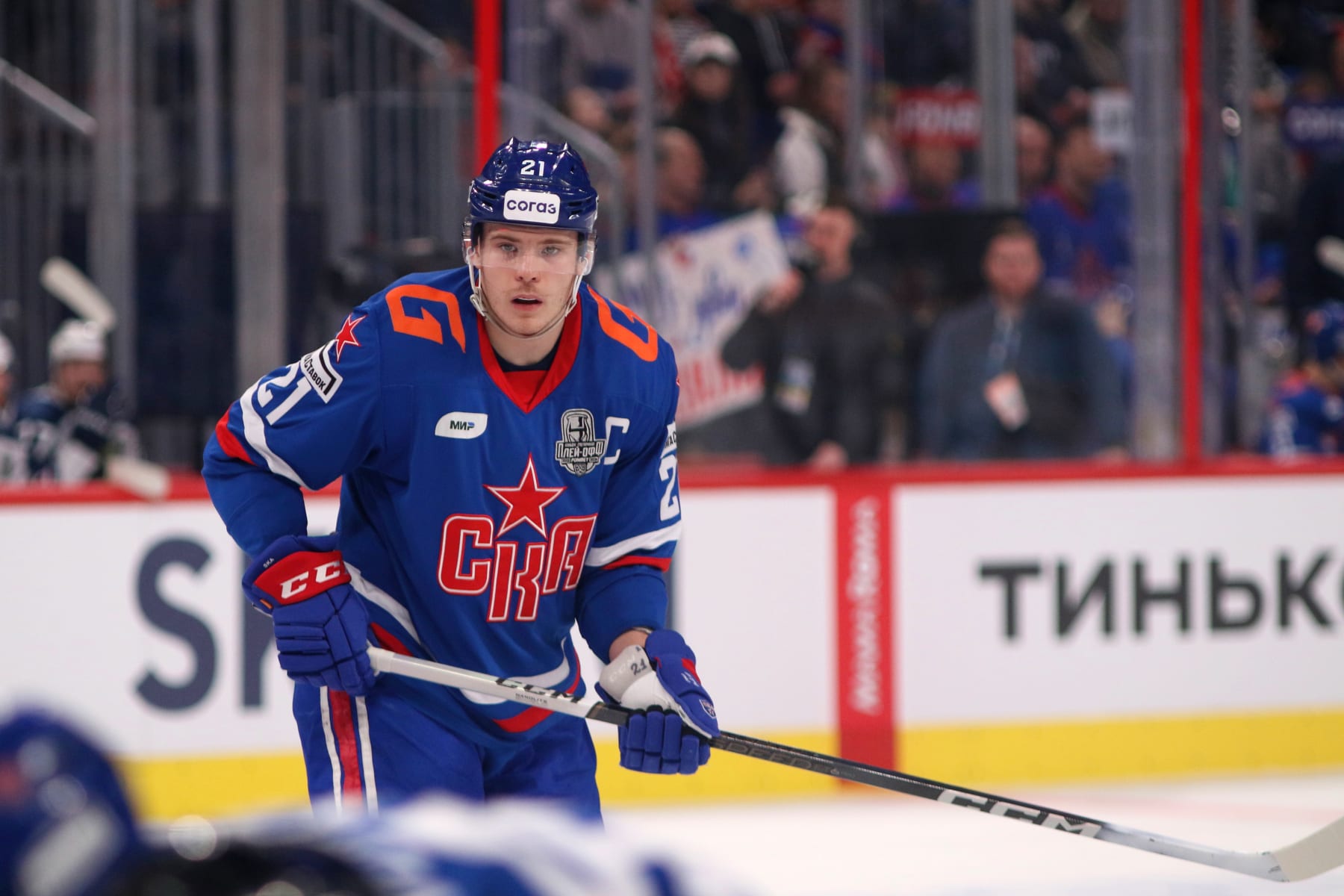 SAINT PETERSBURG, RUSSIA - 2024/03/03: SKA Hockey Club player, Alexander Nikishin (21) seen in action during the match the Kontinental Hockey League, Gagarin Cup, match 2, 1/8 finals season KHL 2023 - 2024 between SKA Saint Petersburg - Torpedo Nizhny Novgorod at the SKA Arena. (Final score; SKA Saint Petersburg 3:2 Torpedo Nizhny Novgorod). (Photo by Maksim Konstantinov/SOPA Images/LightRocket via Getty Images)