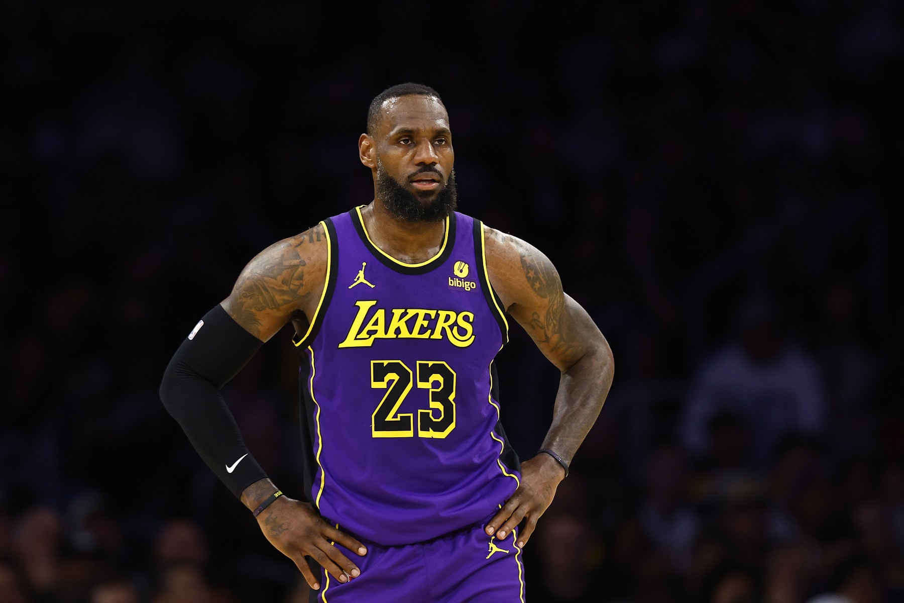 LOS ANGELES, CALIFORNIA - FEBRUARY 09:  LeBron James #23 of the Los Angeles Lakers in the first half at Crypto.com Arena on February 09, 2024 in Los Angeles, California.  NOTE TO USER: User expressly acknowledges and agrees that, by downloading and/or using this photograph, user is consenting to the terms and conditions of the Getty Images License Agreement.  (Photo by Ronald Martinez/Getty Images)